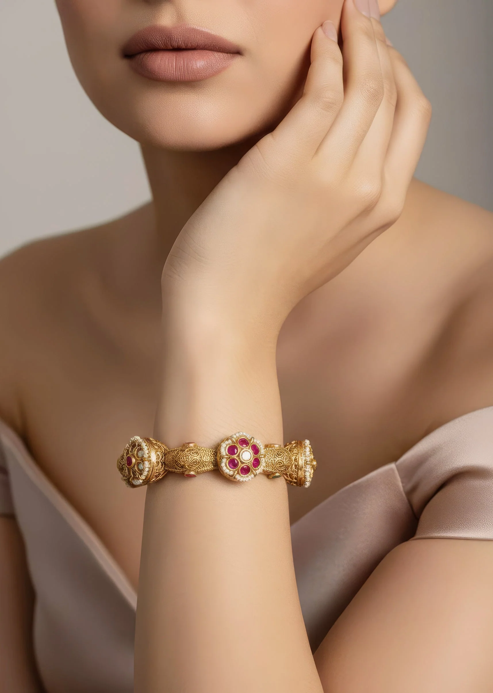 Gold Bangles With Floral Design And Ruby Diamond Stones