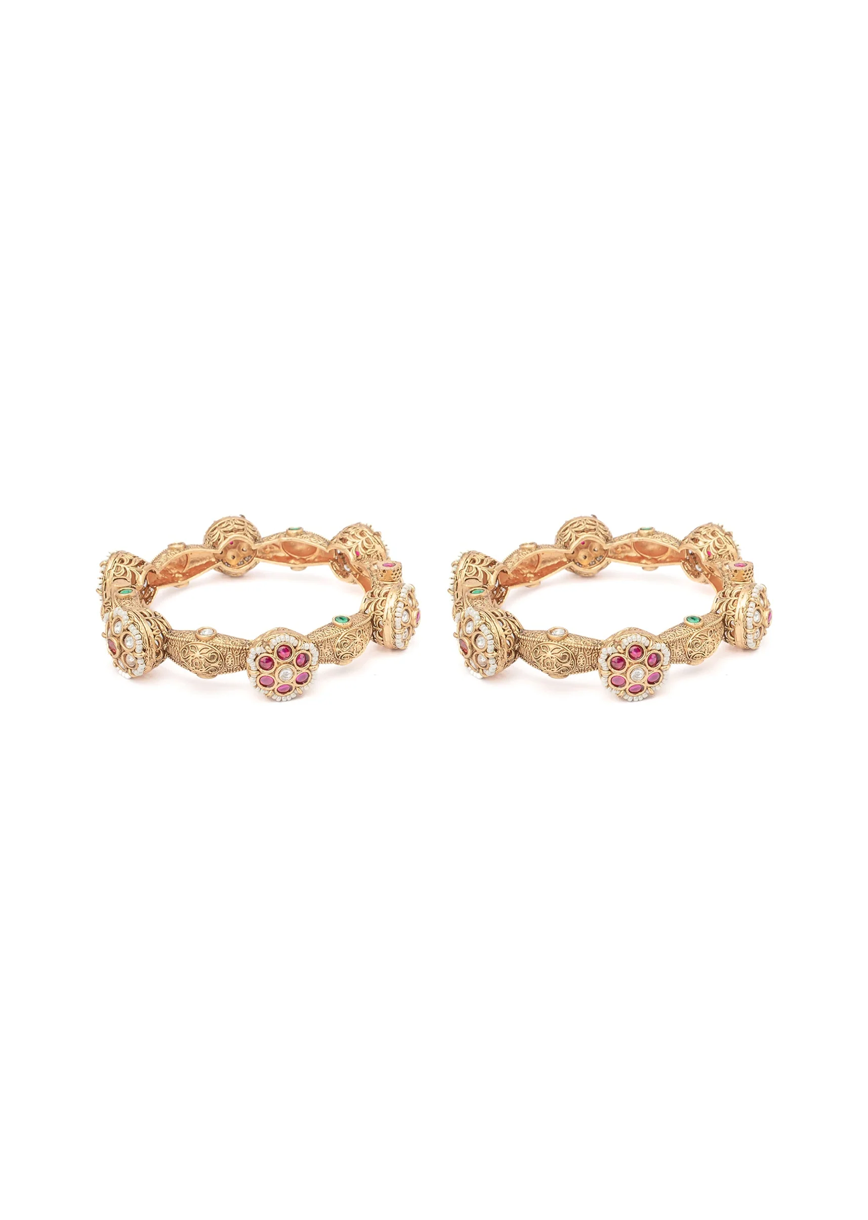 Gold Bangles With Floral Design And Ruby Diamond Stones - Image 2