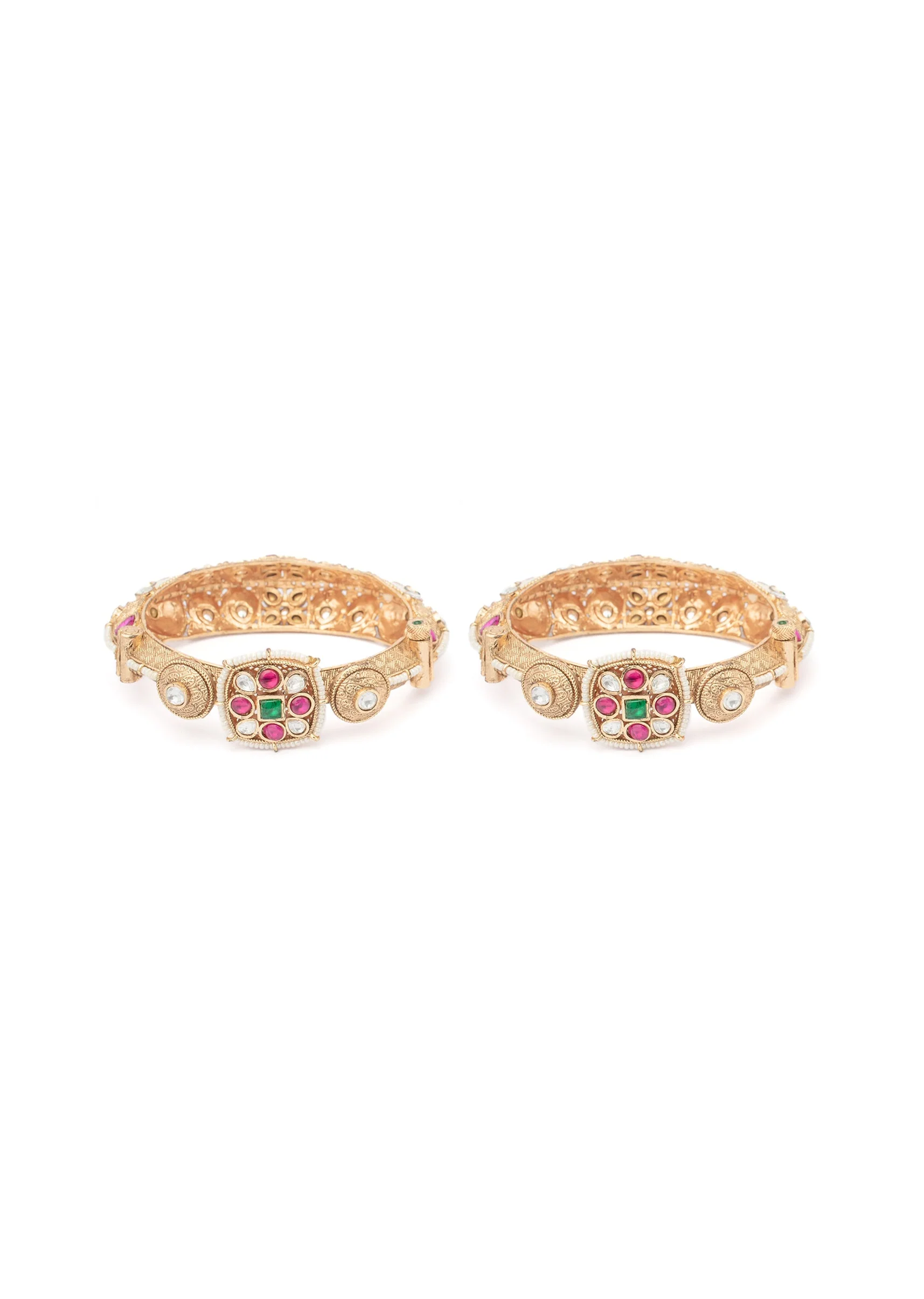 Gold Bangles With Floral Motifs And Ruby Emerald Stones