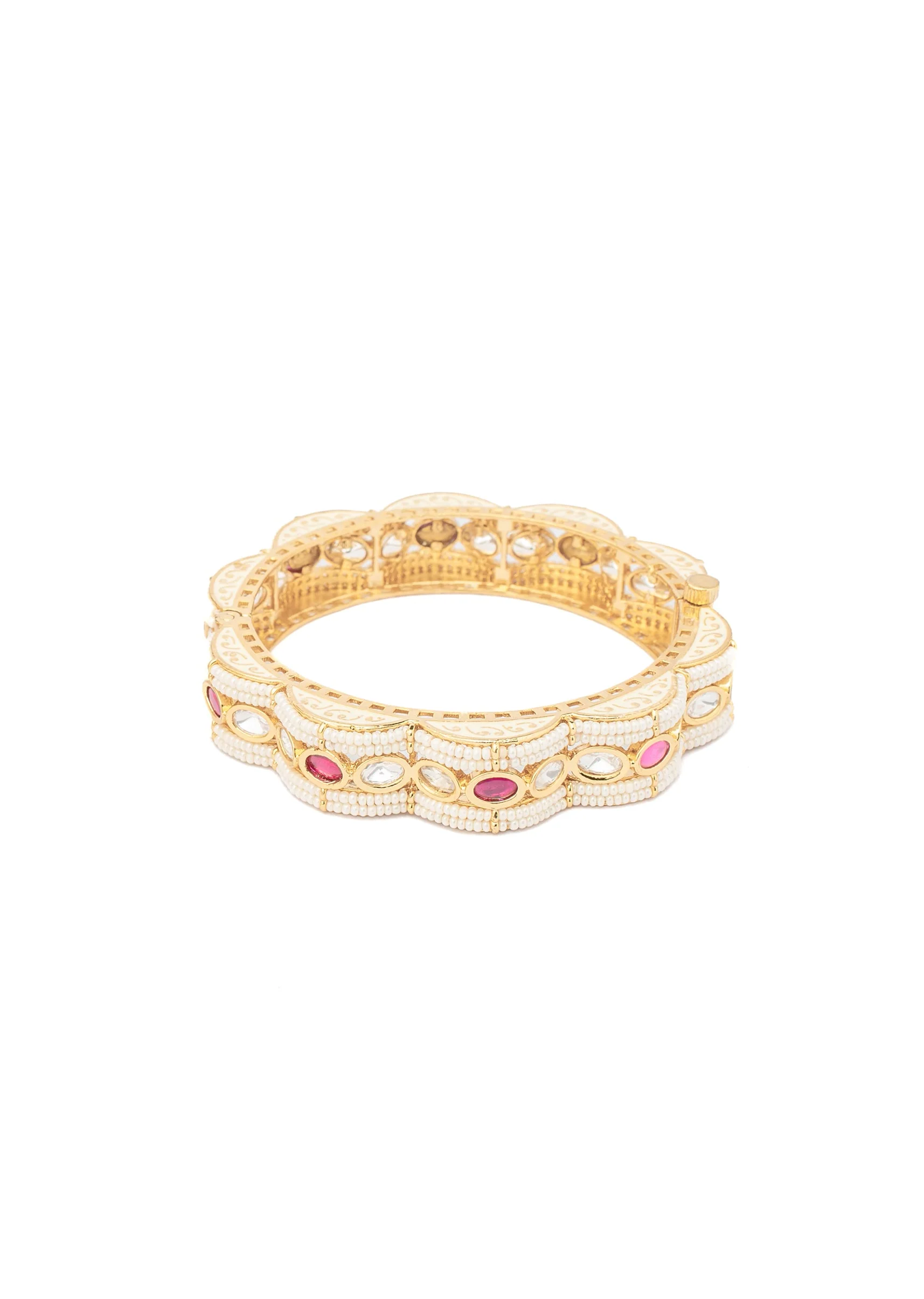 Gold Bangles With White Stones And Scalloped Design With Pink Accents - Image 3