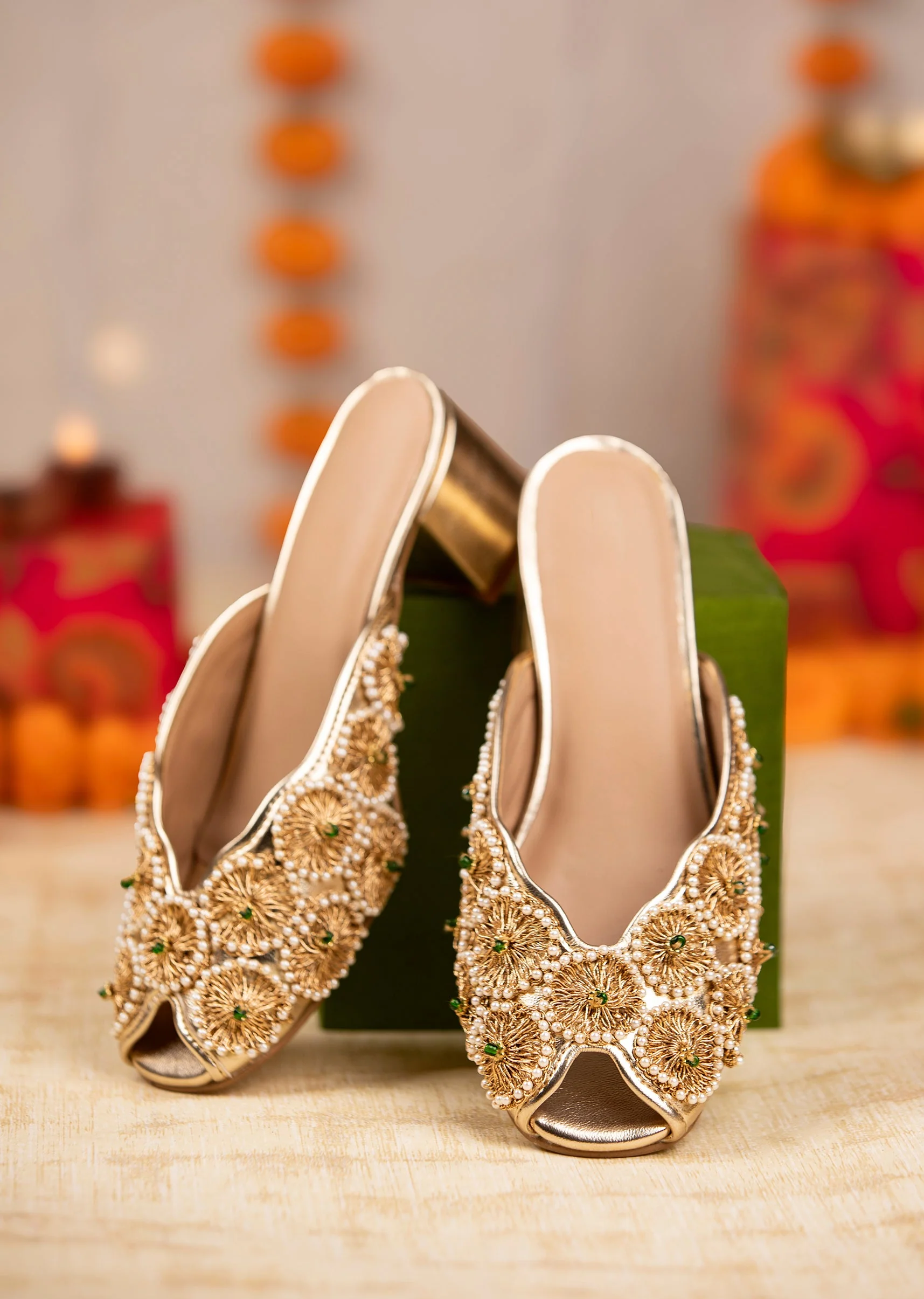 Gold Bead Embellished Faux Leather Mules