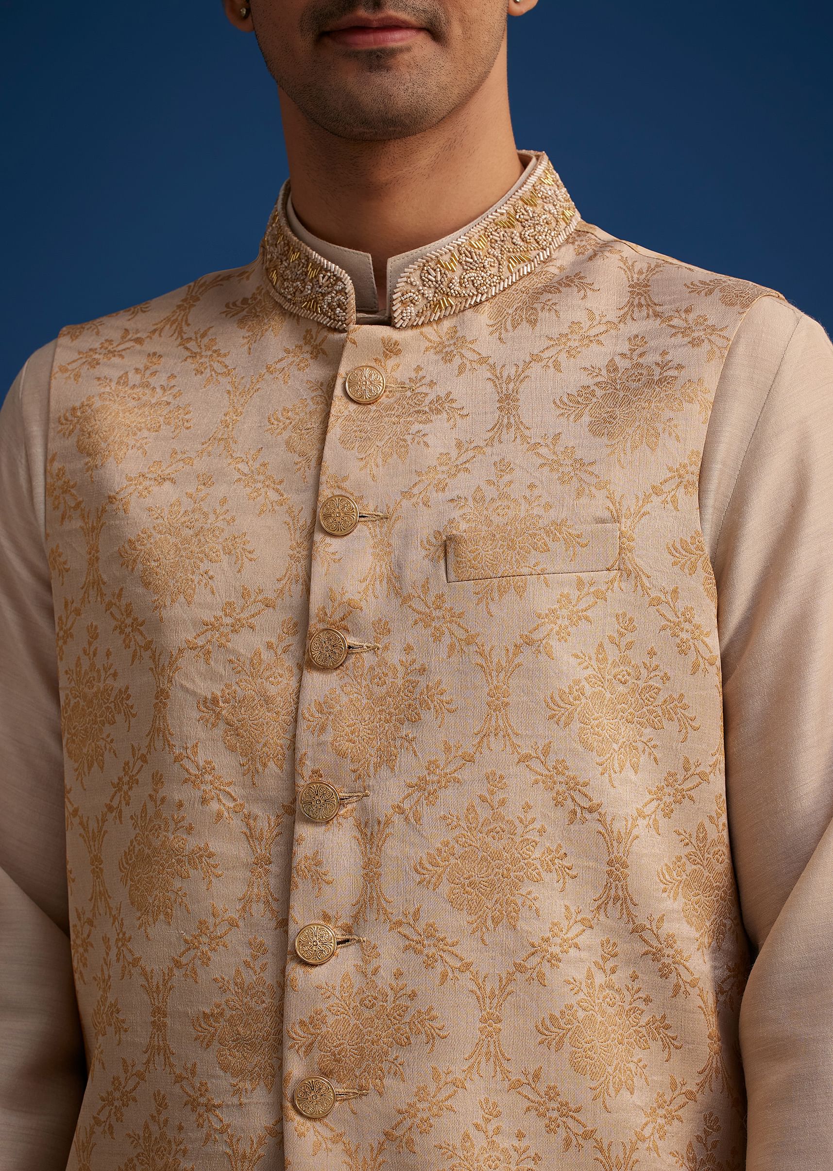 Gold Beige Banarasi Silk Kurta Jacket Set With Self Work - Image 2
