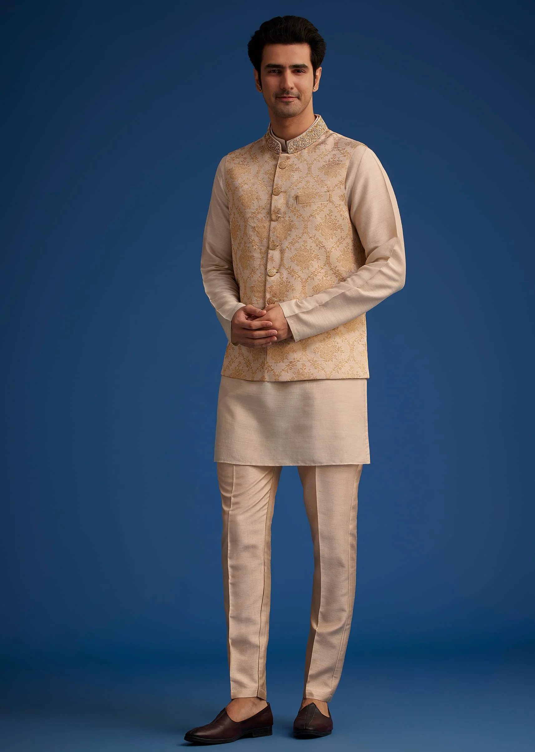 Gold Beige Banarasi Silk Kurta Jacket Set With Self Work - Image 3