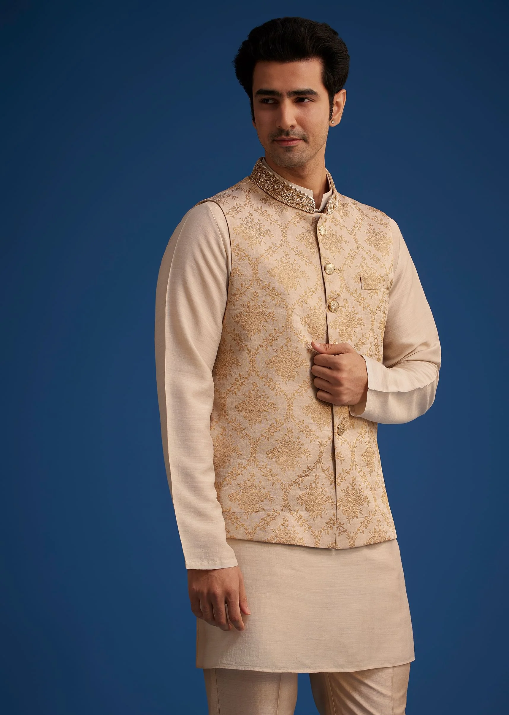 Gold Beige Banarasi Silk Kurta Jacket Set With Self Work - Image 4