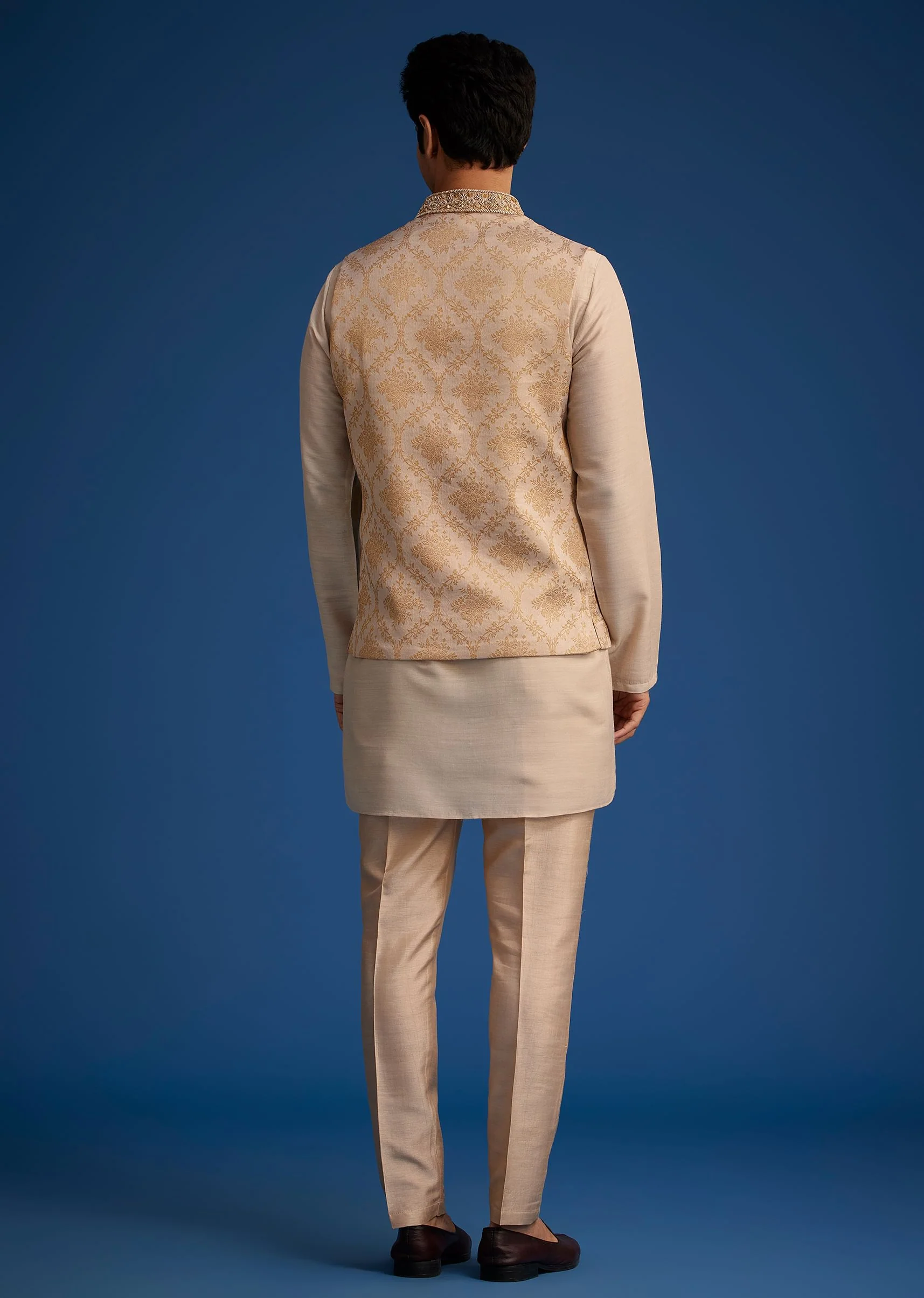 Gold Beige Banarasi Silk Kurta Jacket Set With Self Work - Image 5