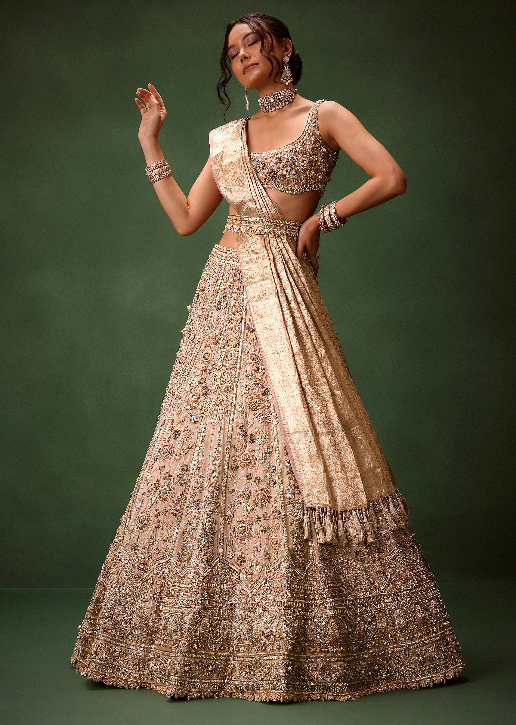 Gold Beige Chanderi Silk Lehenga Set With Embroidered Jacket And Dupatta - Image 3