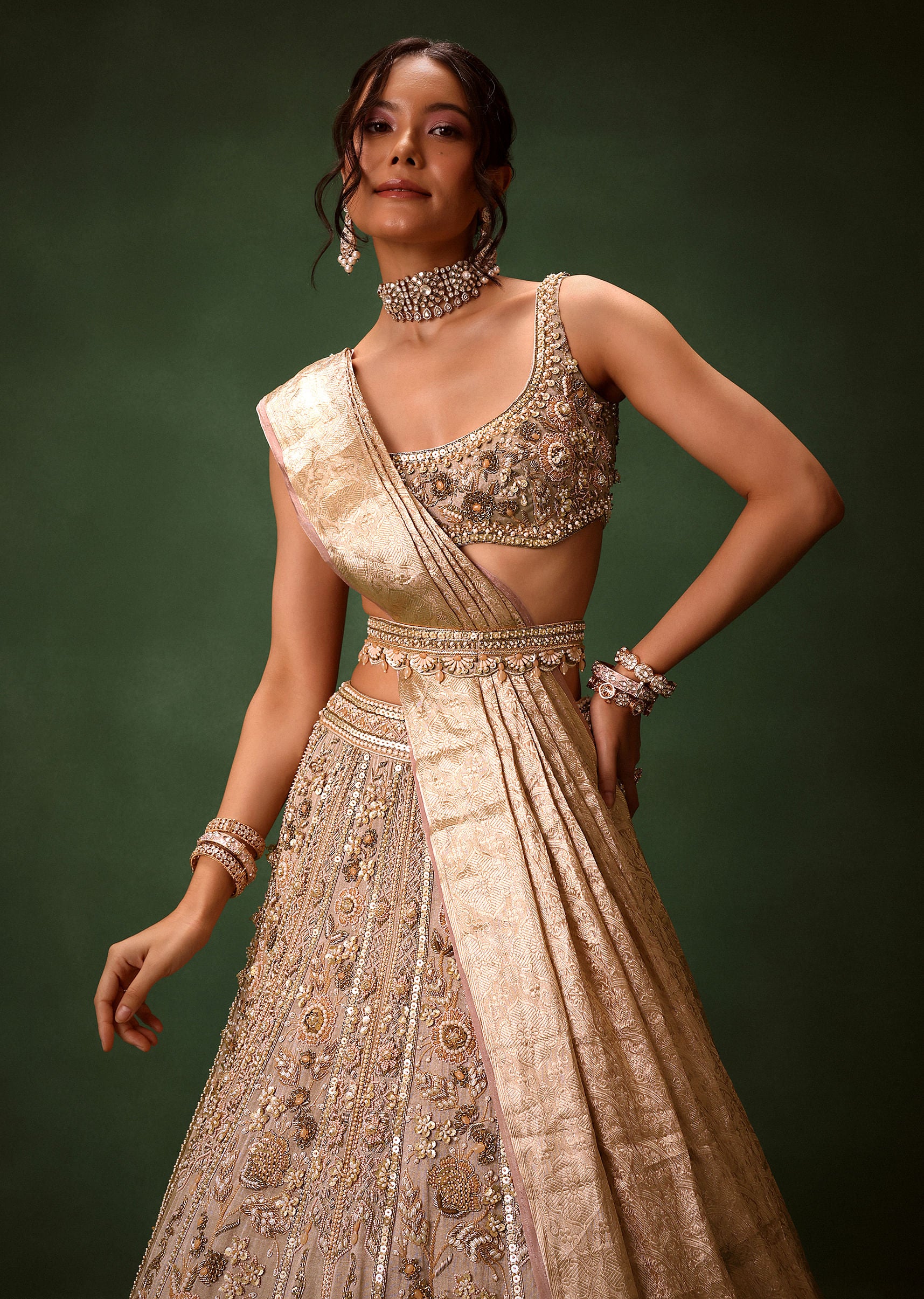 Gold Beige Chanderi Silk Lehenga Set With Embroidered Jacket And Dupatta - Image 5