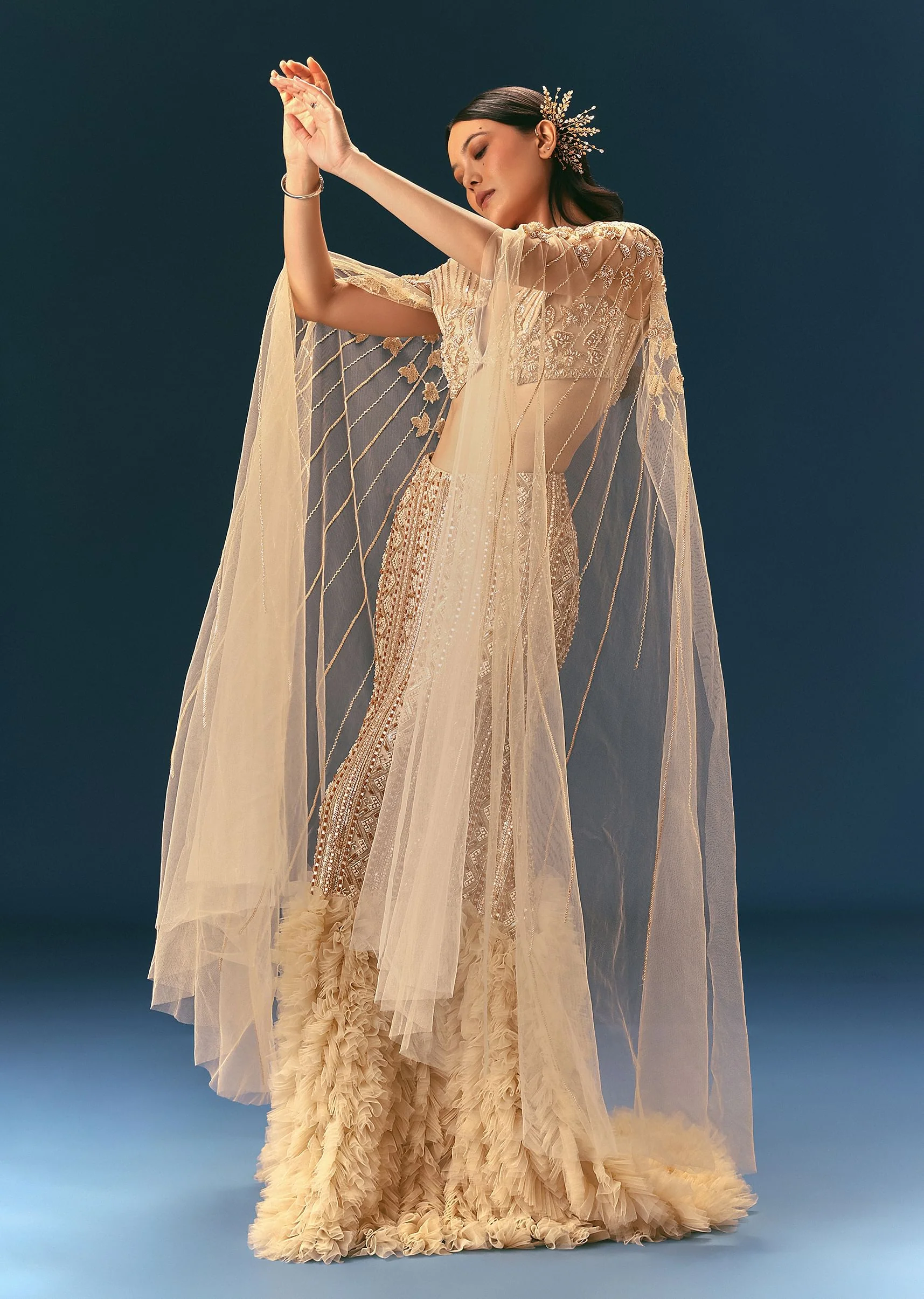 Gold Beige Mermaid Lehenga Set With Frills - Image 3