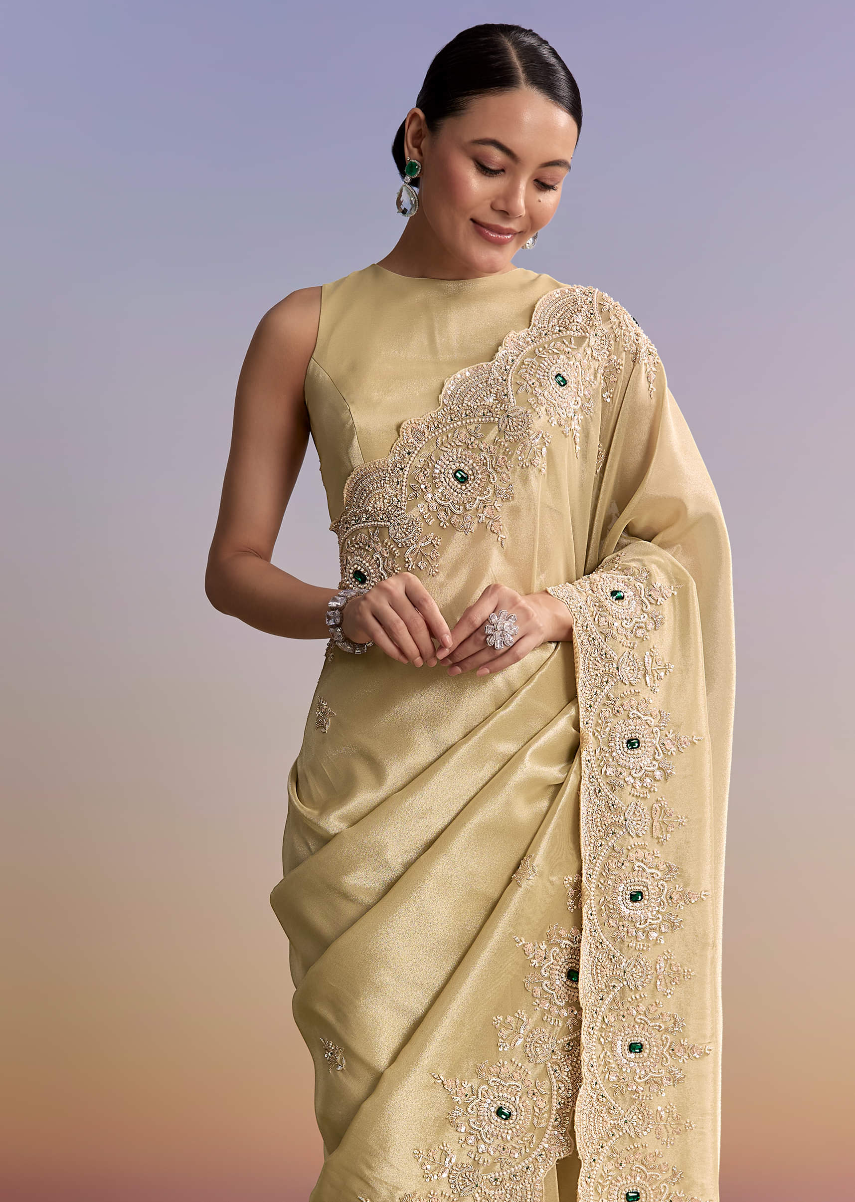 Gold Beige Tissue Saree With Heavy Embroidery - Image 5