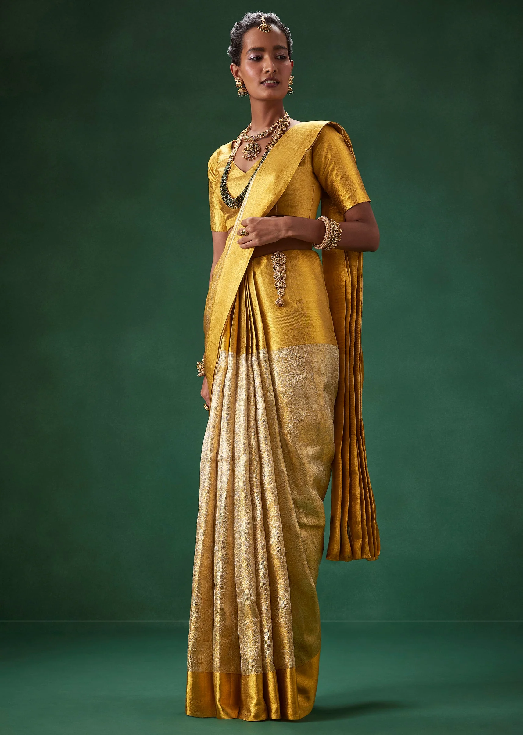 Gold Bridal Kanjivaram Floral Motif Saree with Unstitched Blouse - Image 4