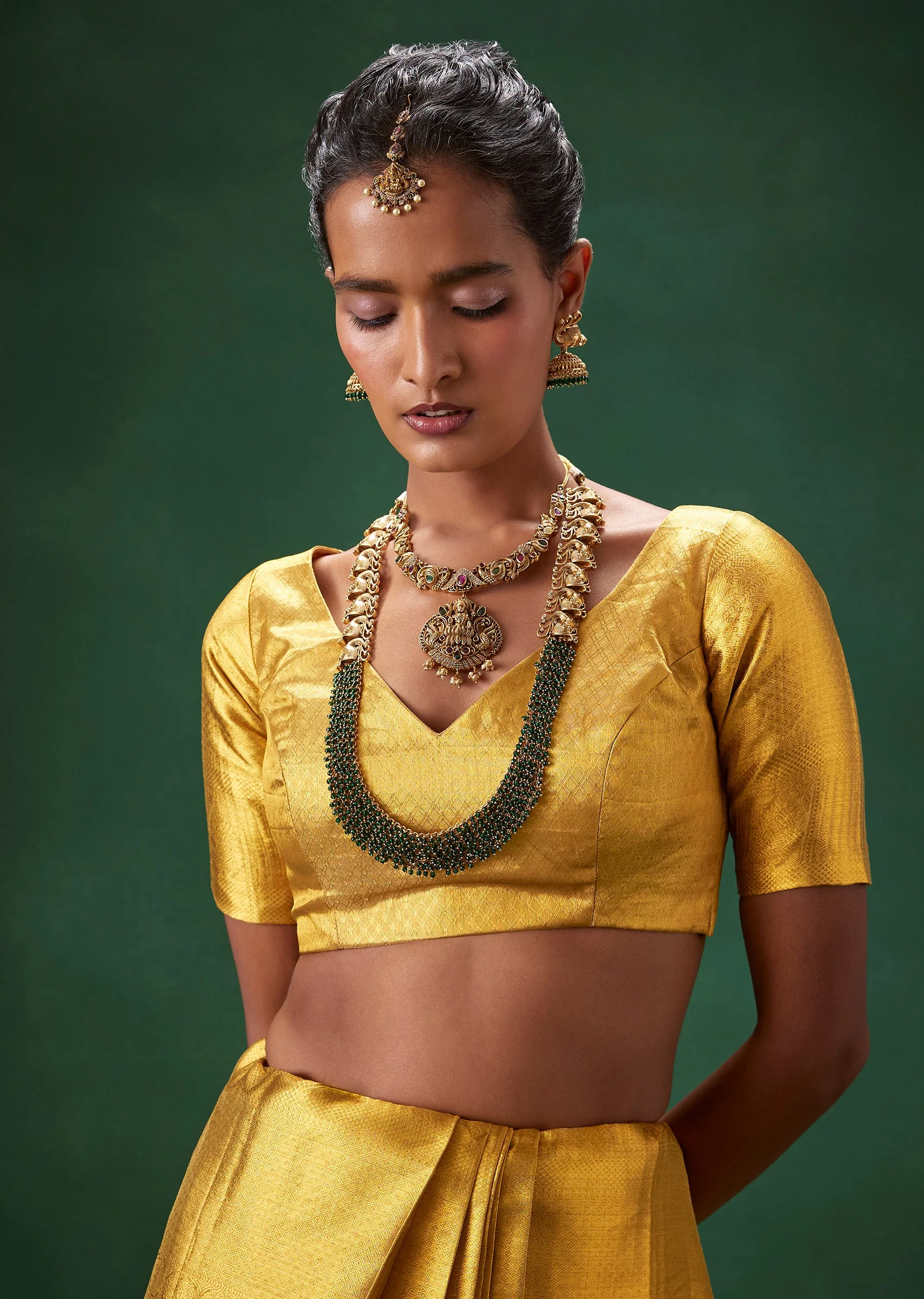 Gold Bridal Kanjivaram Floral Motif Saree with Unstitched Blouse - Image 7