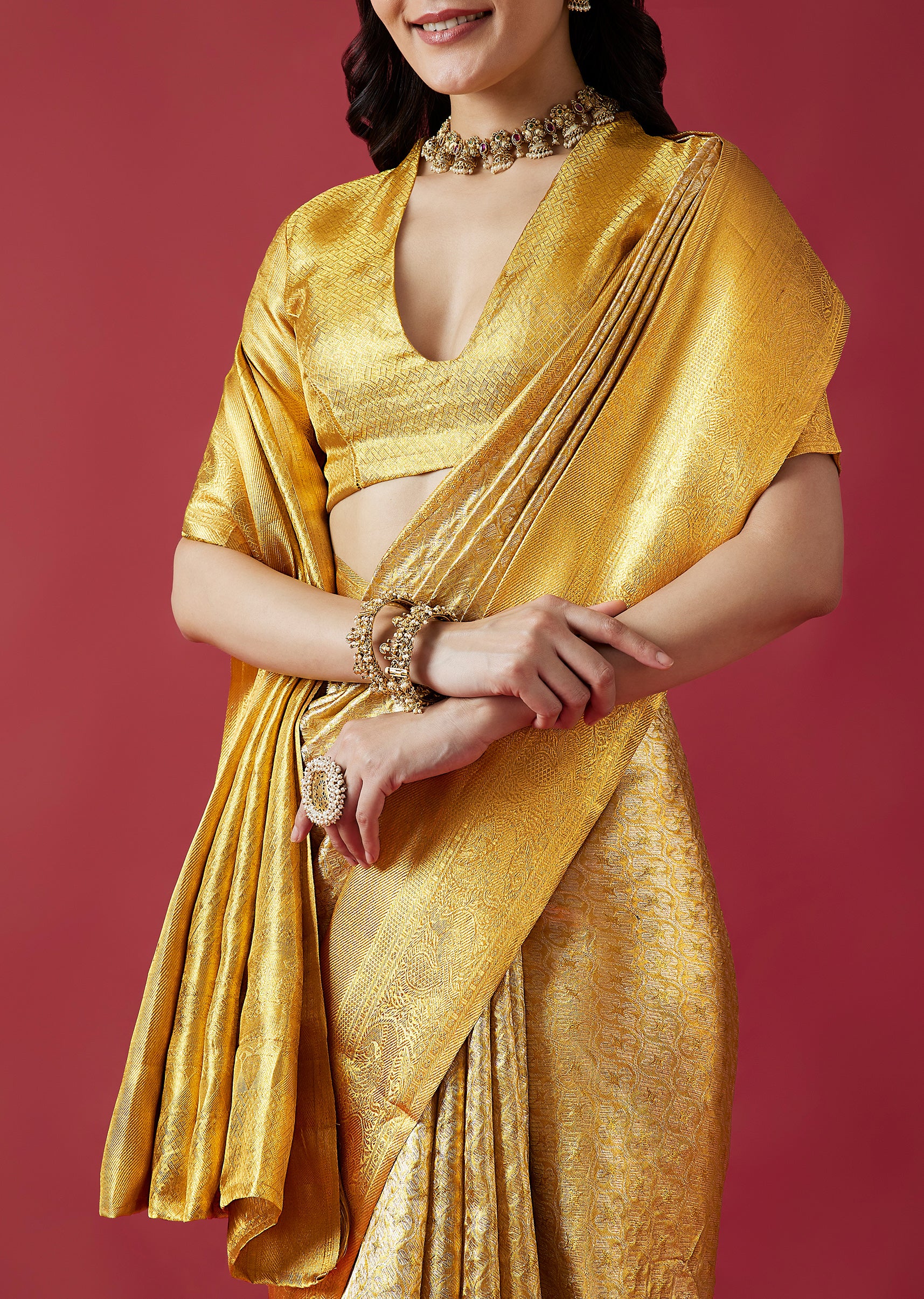 Gold Bridal Kanjivaram Jaal Weave Saree with Unstitched Blouse - Image 2