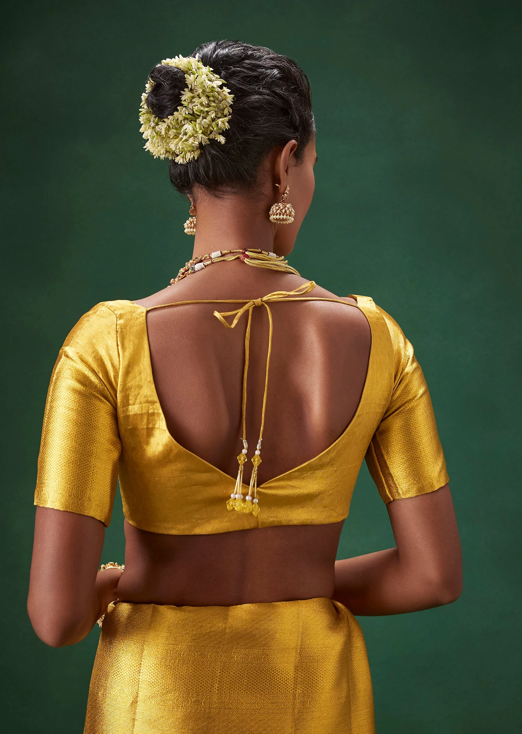Gold Bridal Kanjivaram Saree with Brocade Unstitched Blouse - Image 8