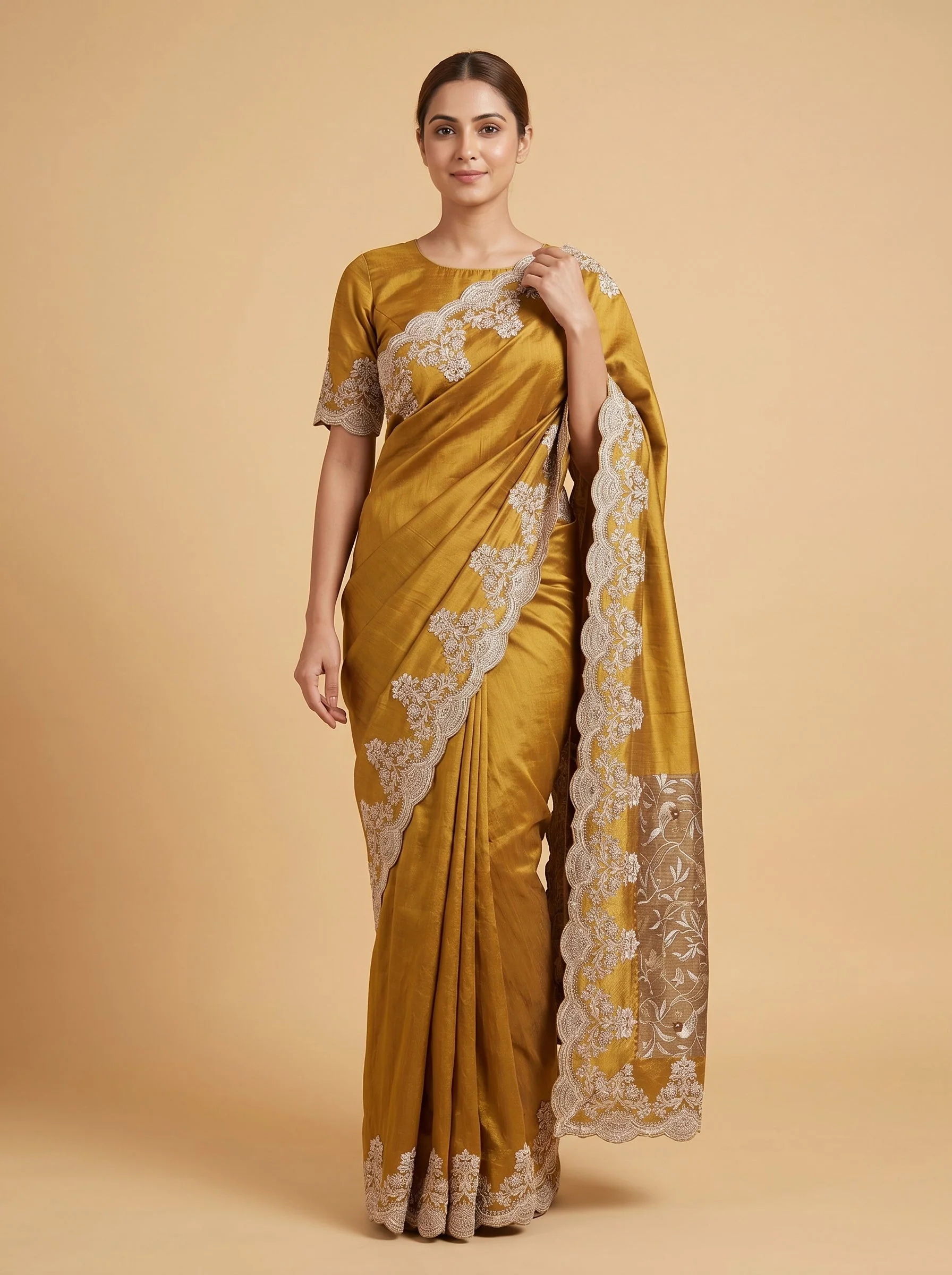Gold Brown Antique Tone Embroidered Saree