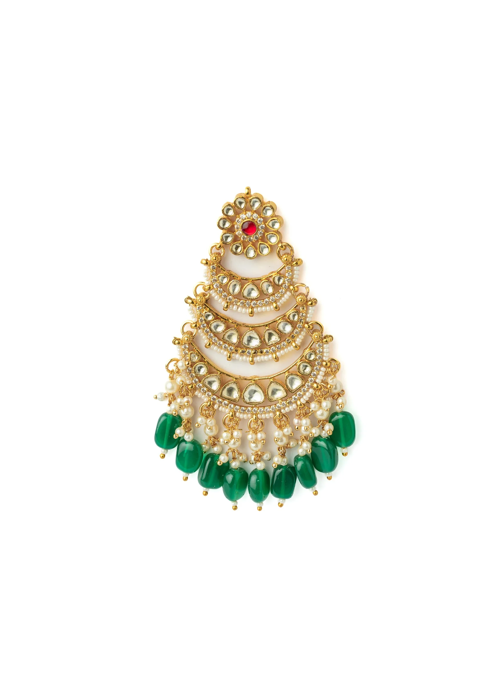 Gold Chandelier Earrings With Sparkling Kundan Work Pearls And Green Beads - Image 3