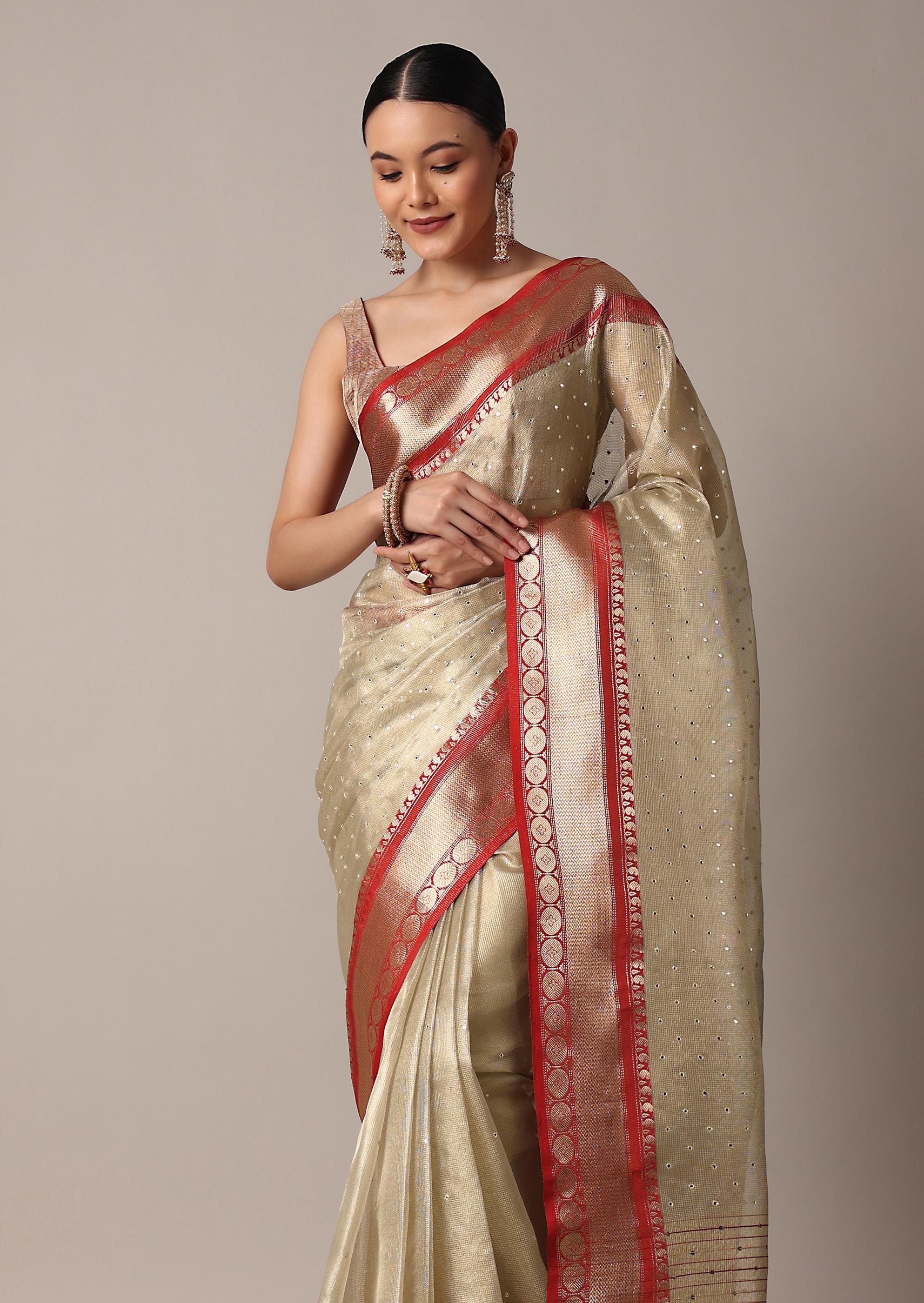 Gold Chanderi Kota Silk Woven Saree With Mirror Work And Unstitched Blouse Piece - Image 2