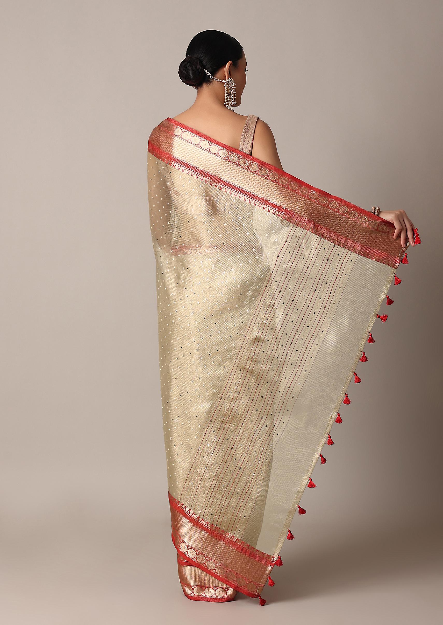 Gold Chanderi Kota Silk Woven Saree With Mirror Work And Unstitched Blouse Piece - Image 6