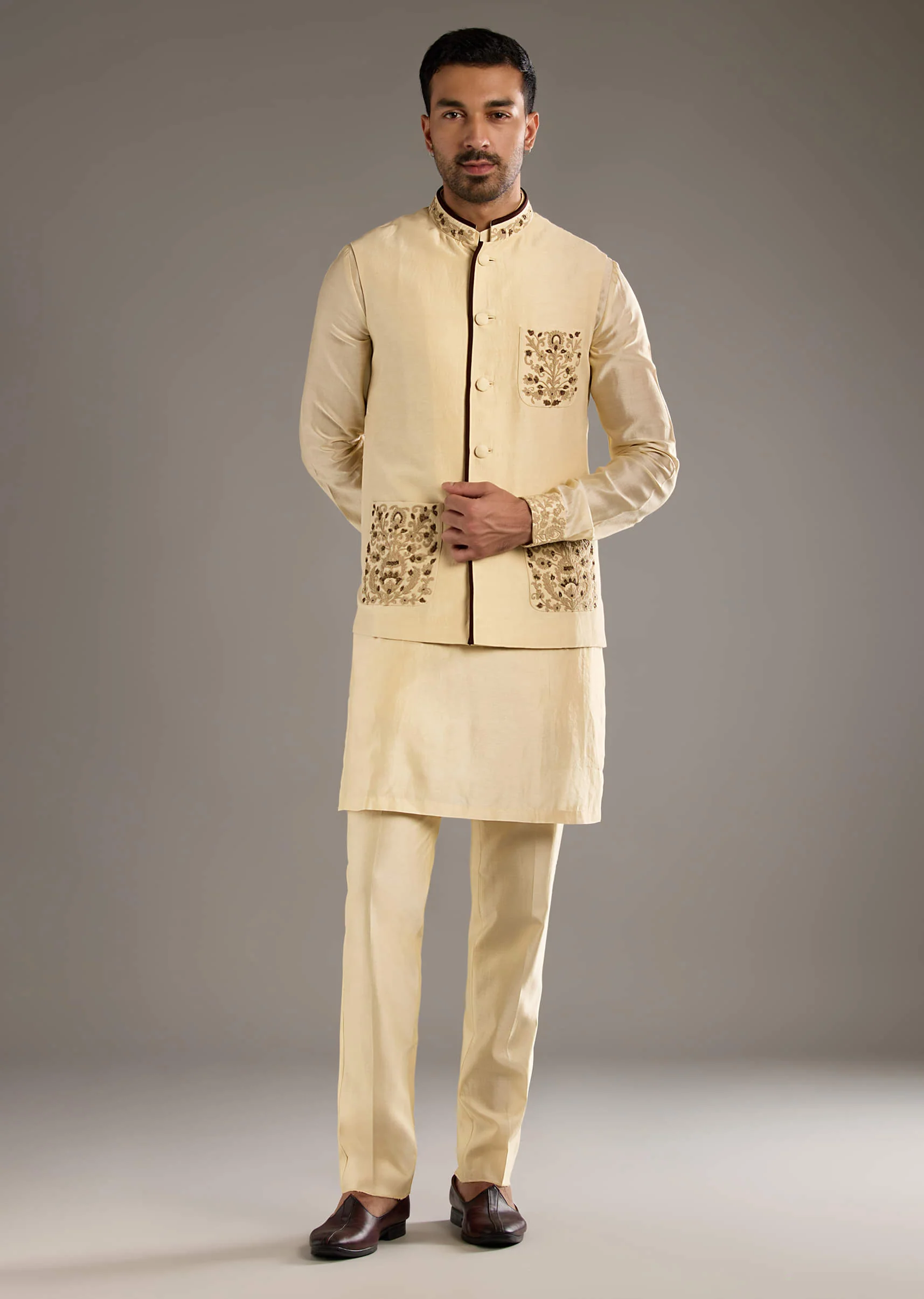 Gold Chanderi Linen Kurta Jacket Set For Men With Dori Work