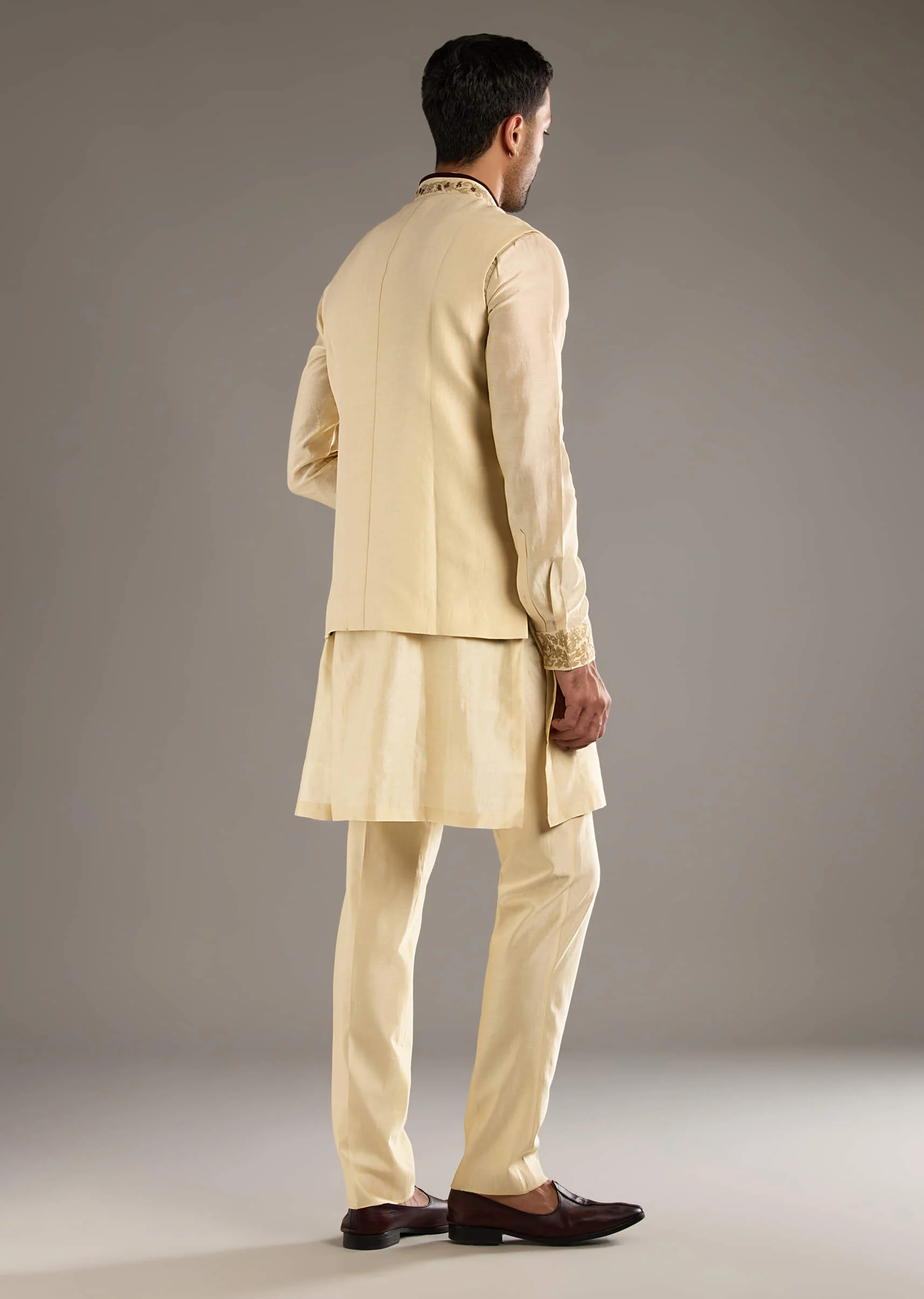 Gold Chanderi Linen Kurta Jacket Set For Men With Dori Work - Image 5