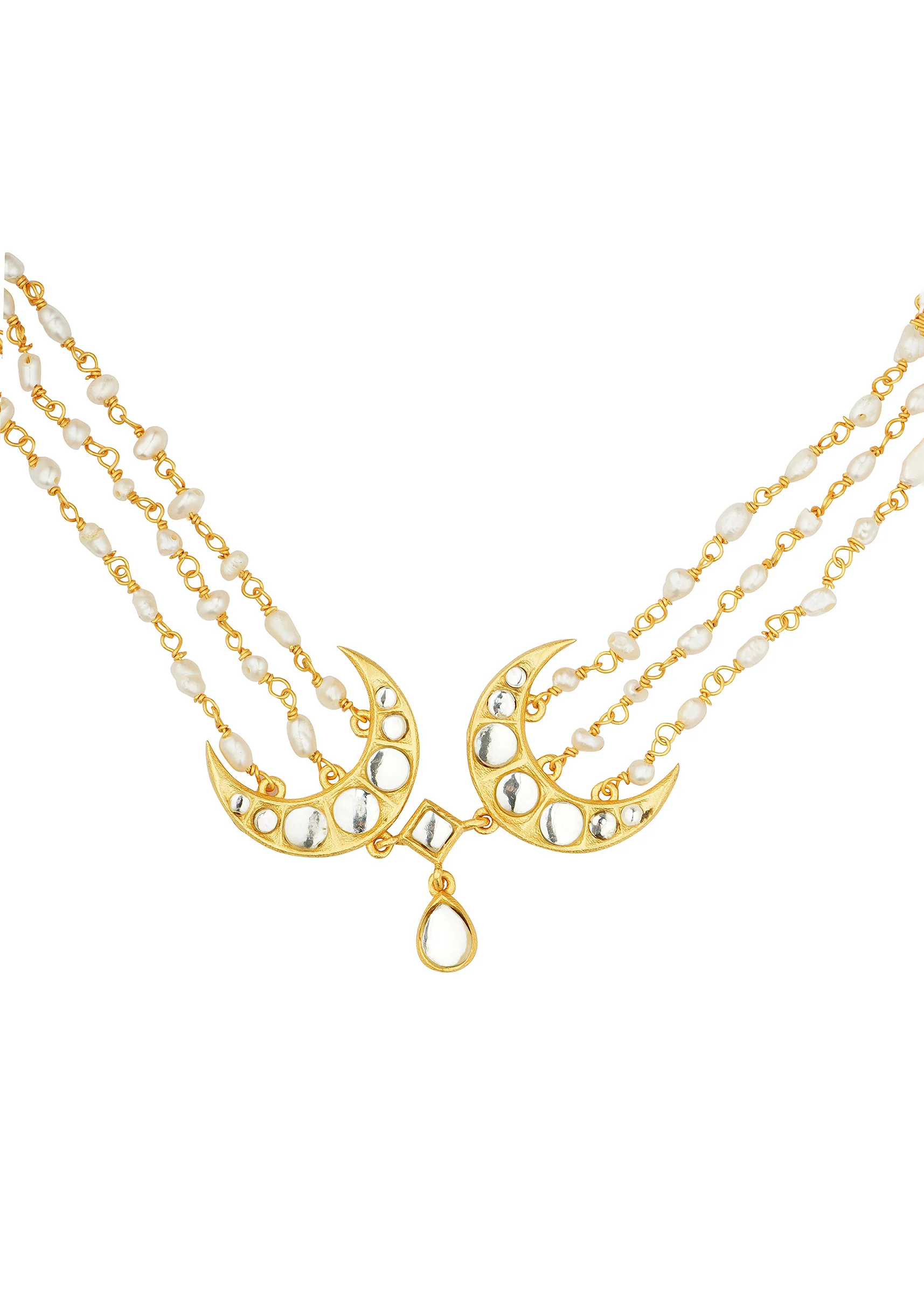 Gold Choker Necklace With Crescent Motifs And Pearl Detailing - Image 2