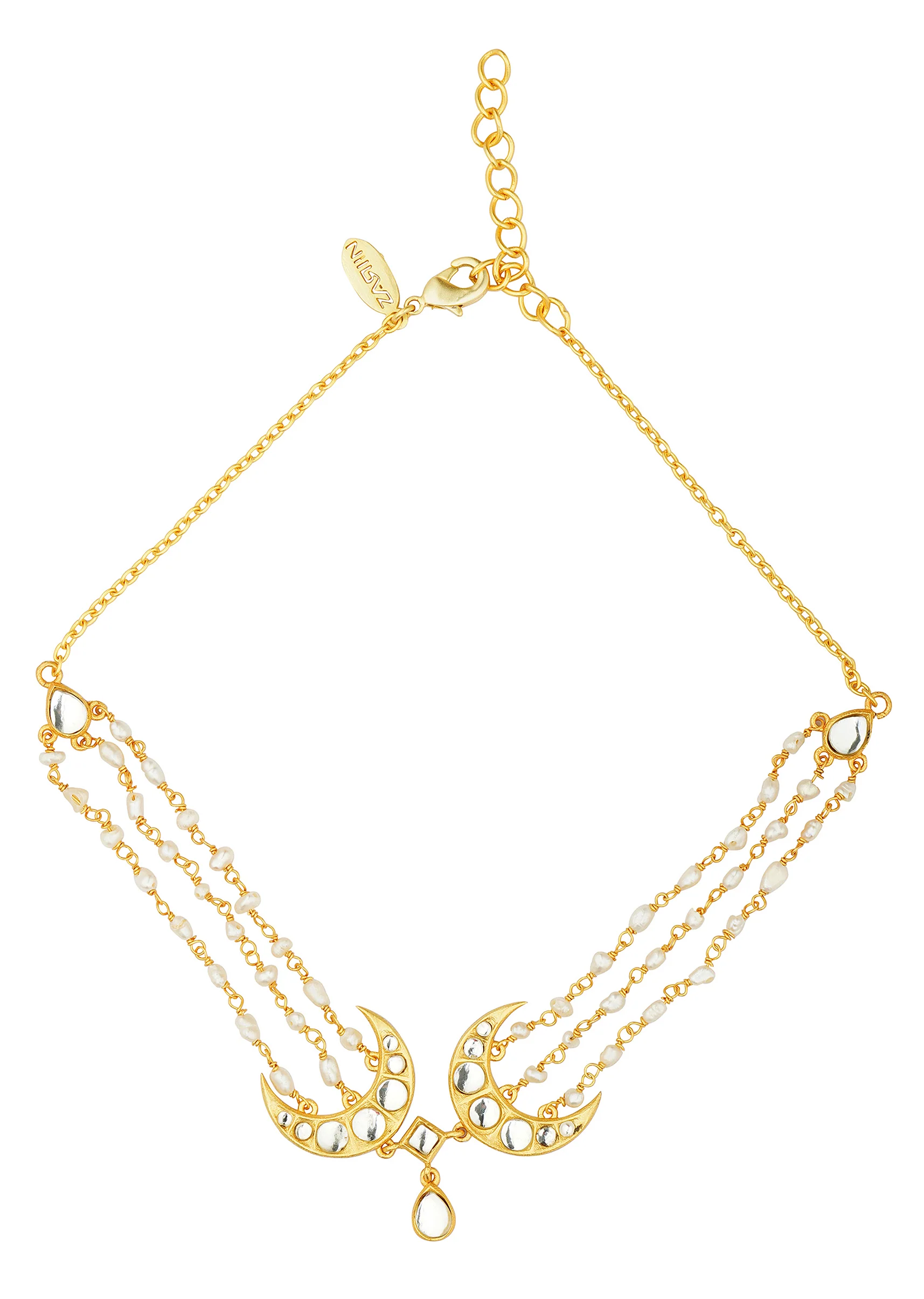 Gold Choker Necklace With Crescent Motifs And Pearl Detailing - Image 4