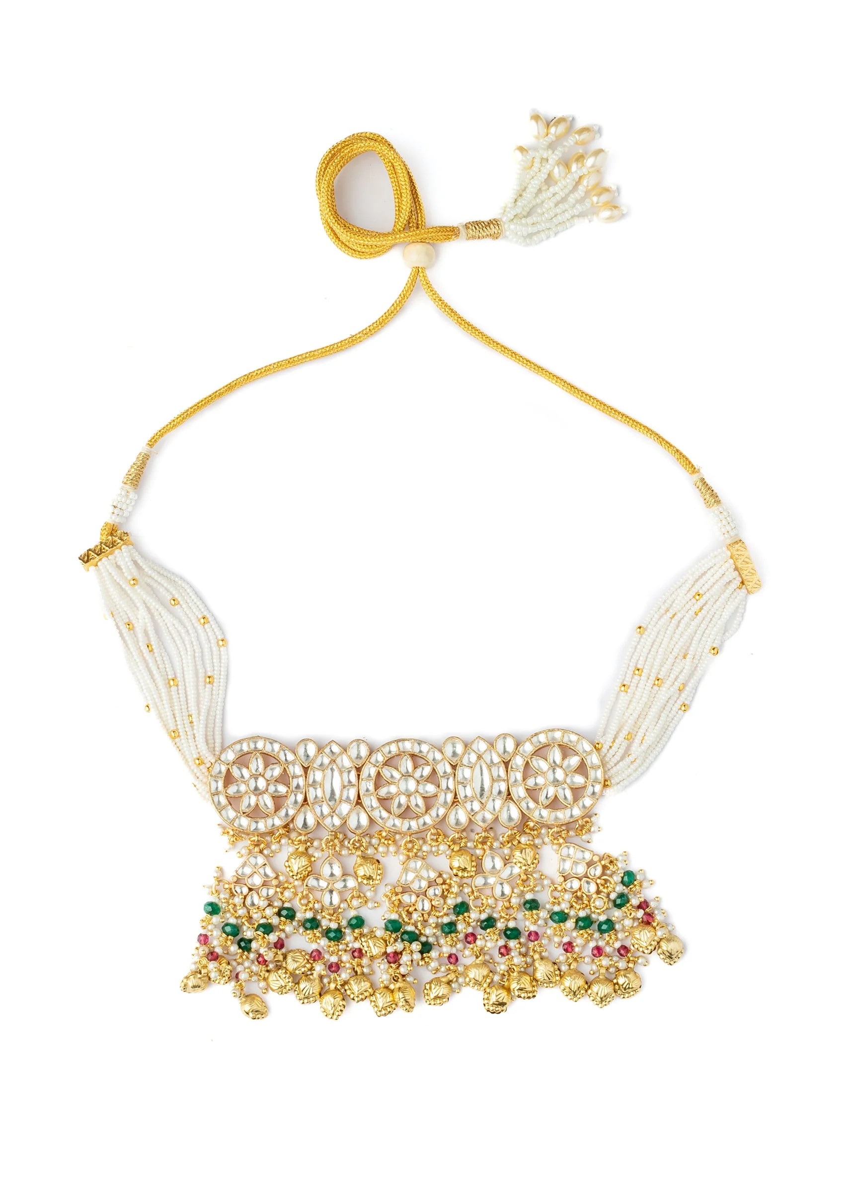 Gold Choker Set With Intricate Uncut Diamonds Pearls And Vibrant Gemstones - Image 3