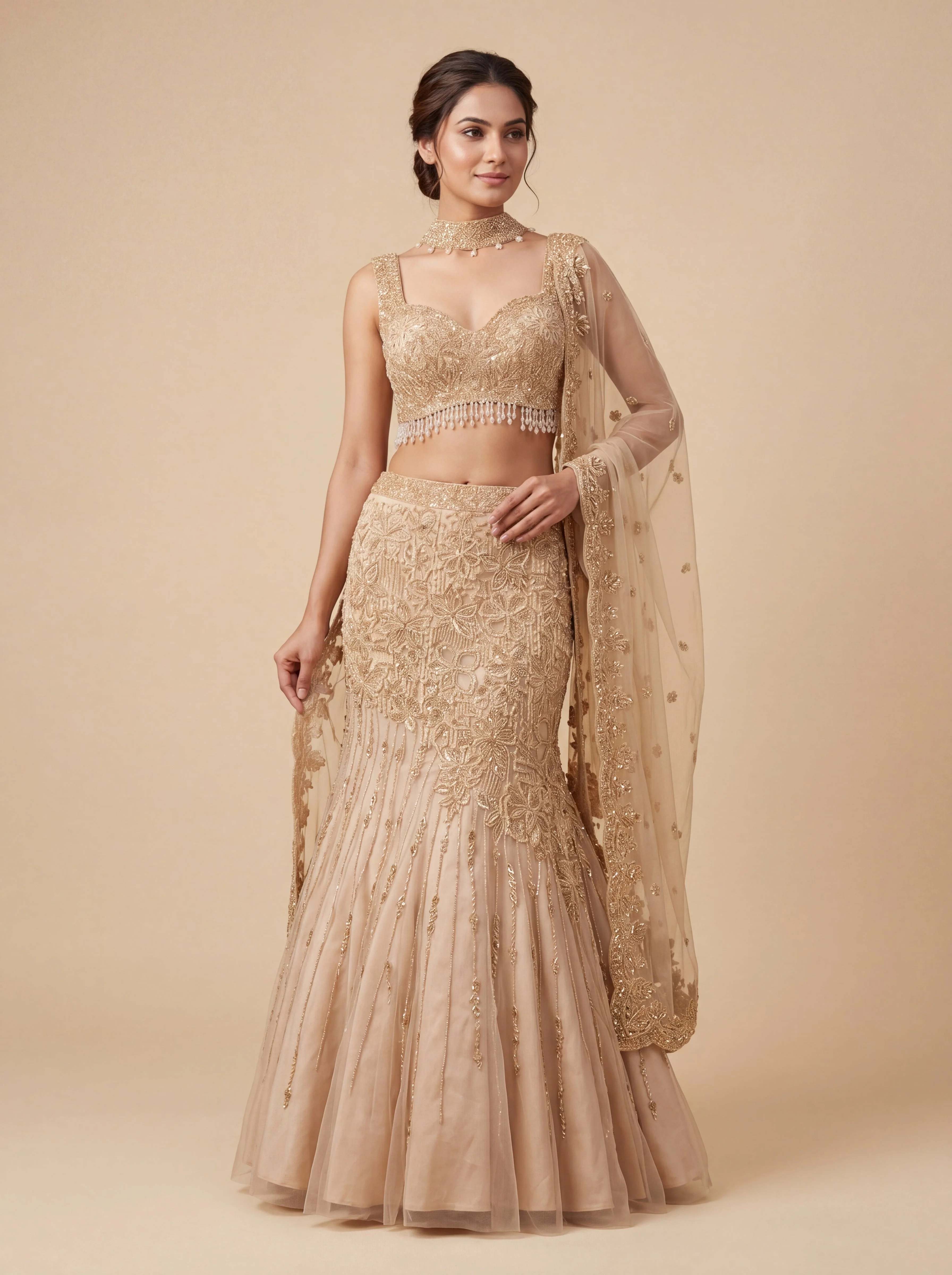 Gold Contemporary Bridal Lehenga With AllOver Embellishment  Mermaid Fit