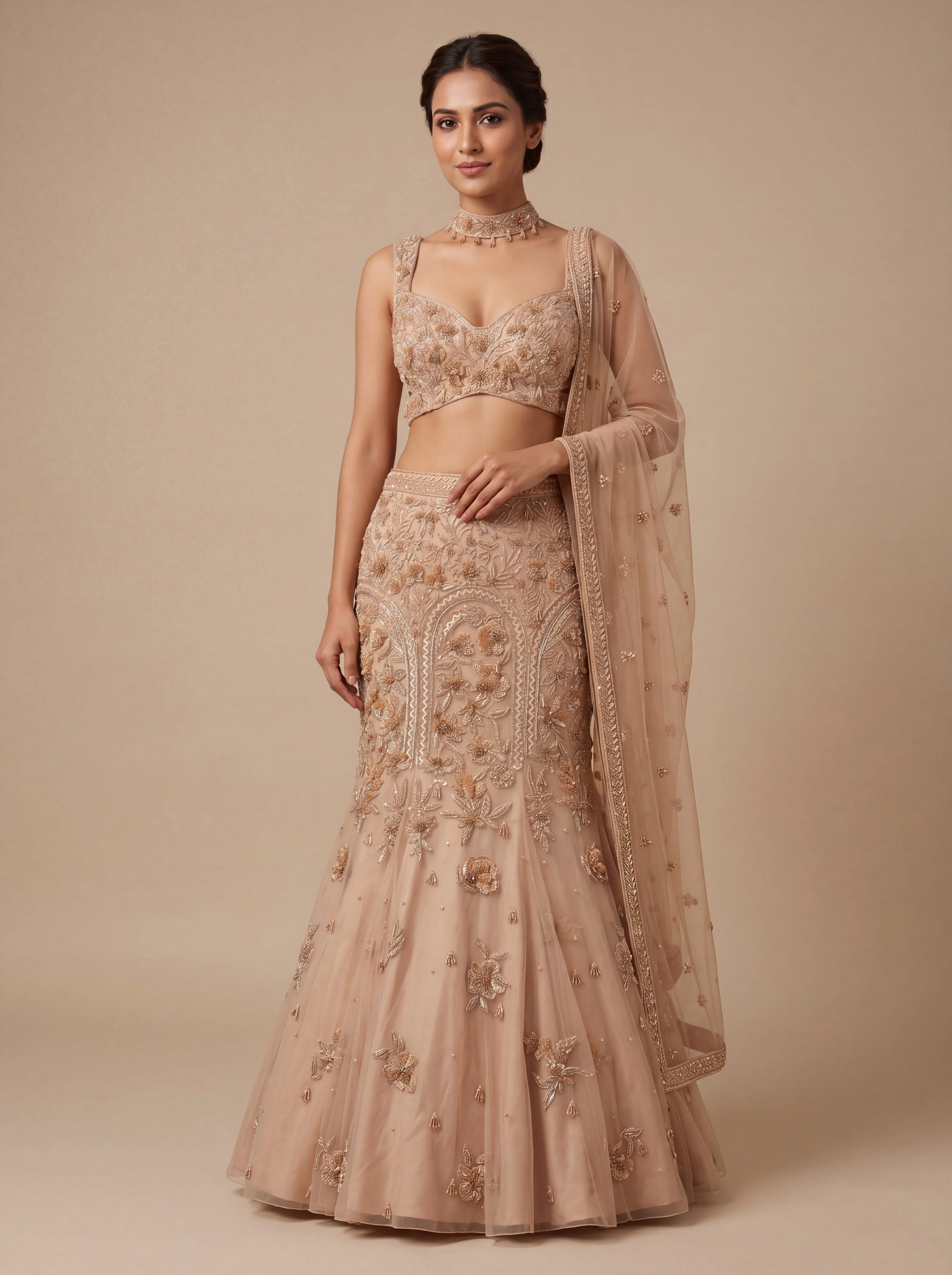 Gold Contemporary Bridal Lehenga With Embroidered Mermaid  Trailing Hem