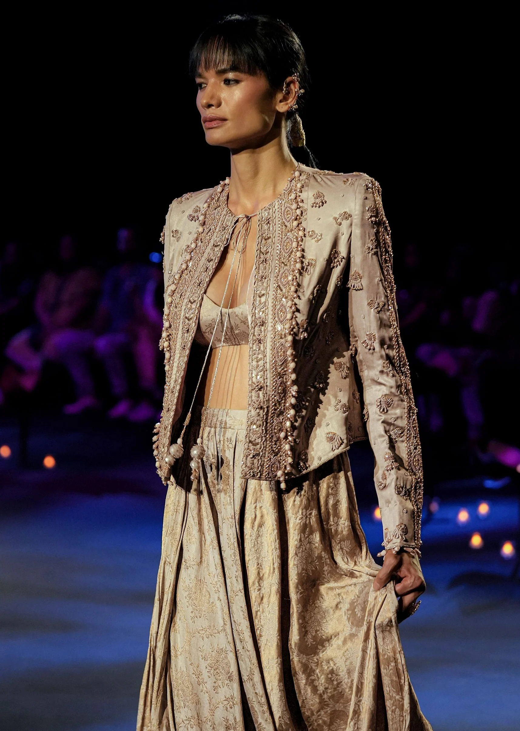 Gold Cowl Dhoti Drape Skirt With Heavy Embroidered Jacket - Image 3