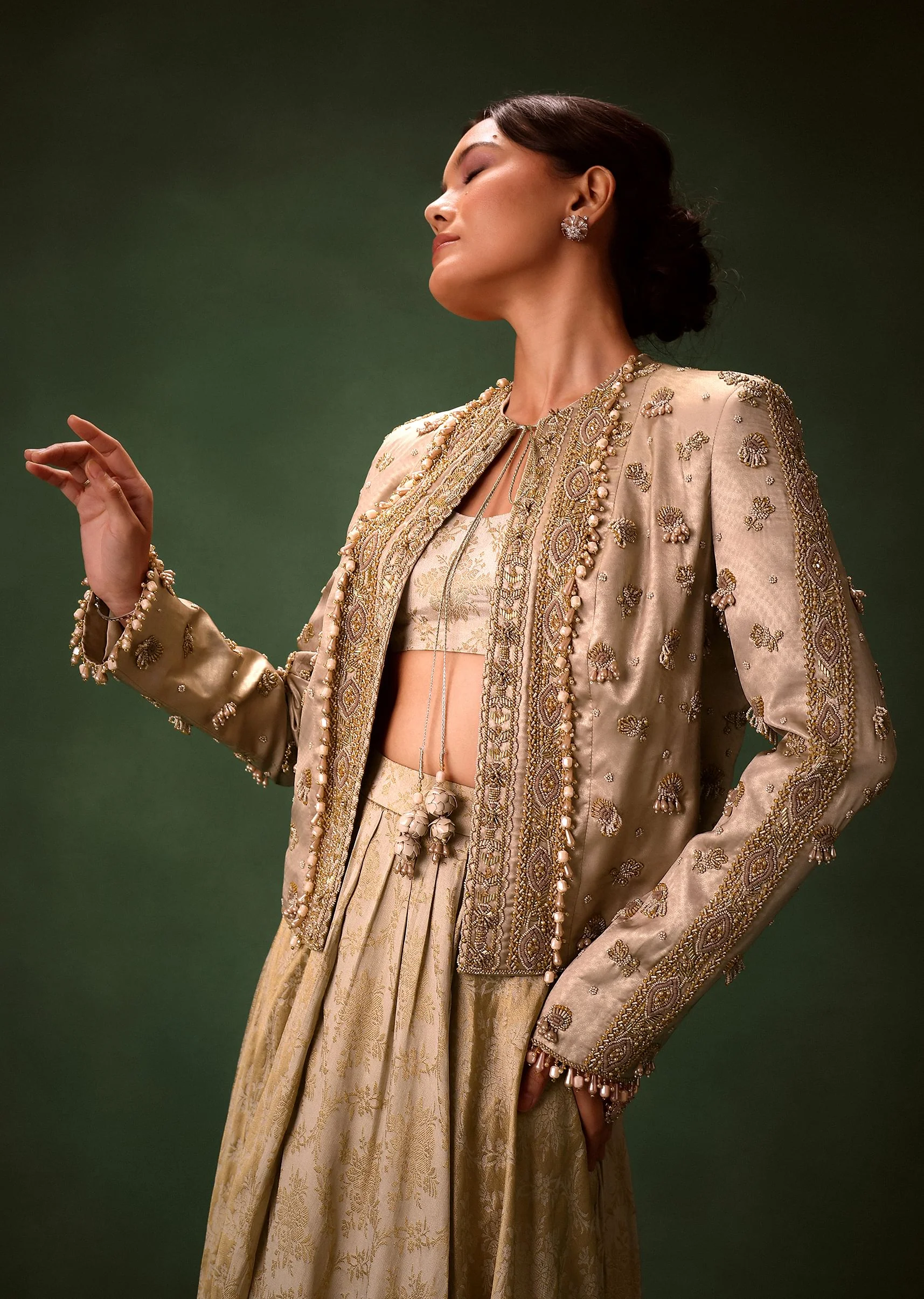 Gold Cowl Dhoti Drape Skirt With Heavy Embroidered Jacket - Image 4