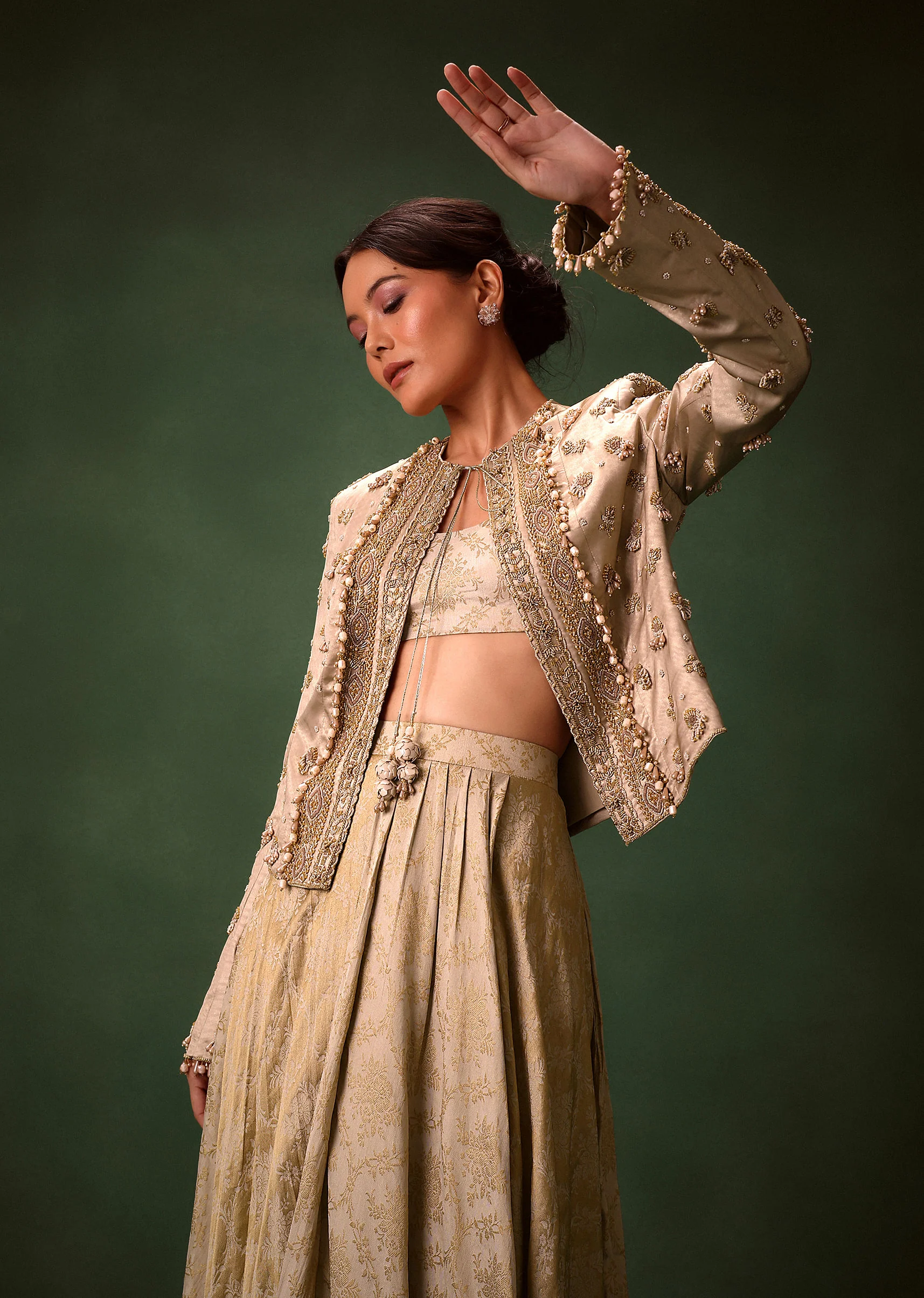 Gold Cowl Dhoti Drape Skirt With Heavy Embroidered Jacket - Image 6