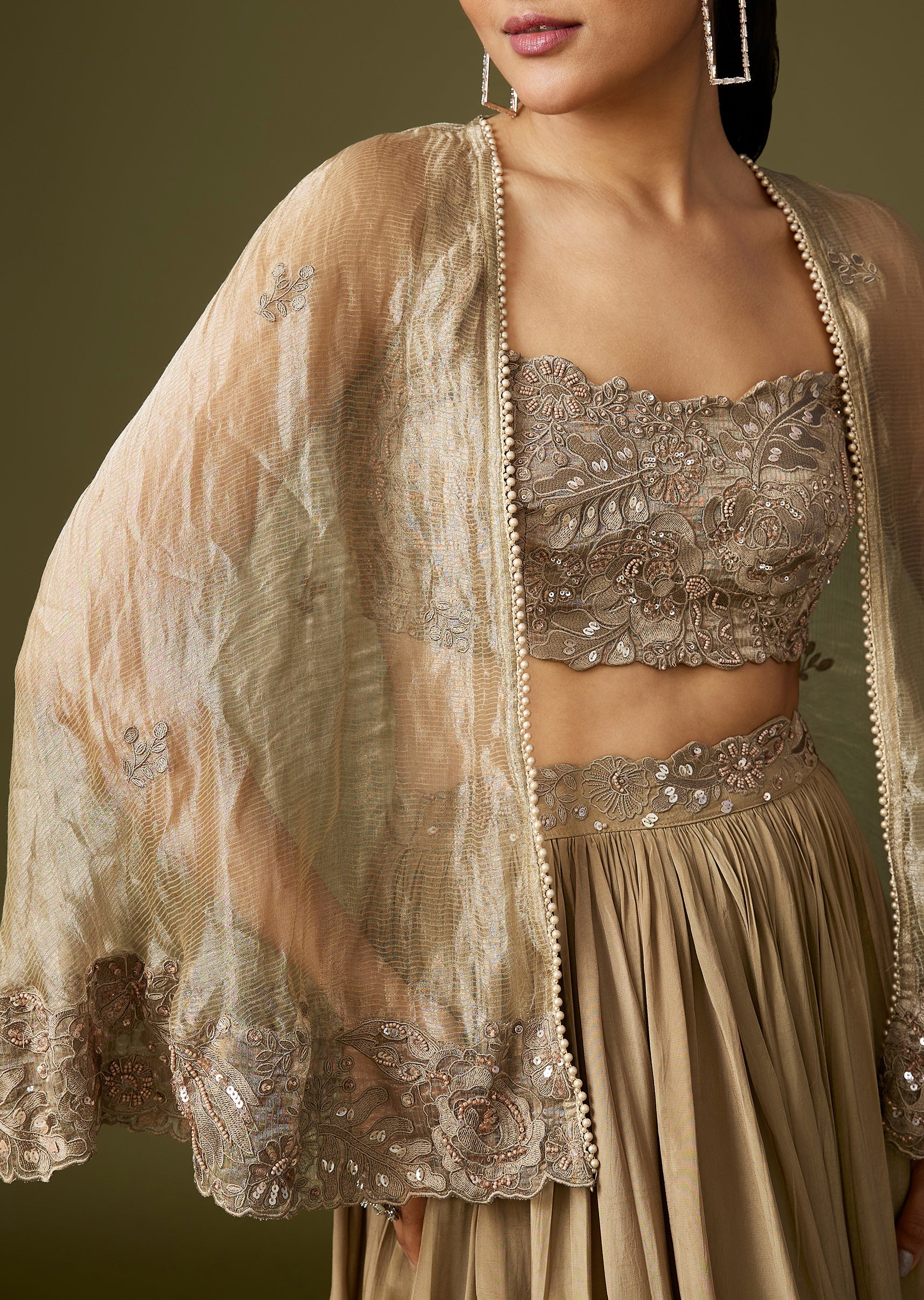 Gold Crop Top Lehenga With Thread Beadwork Cape - Image 2