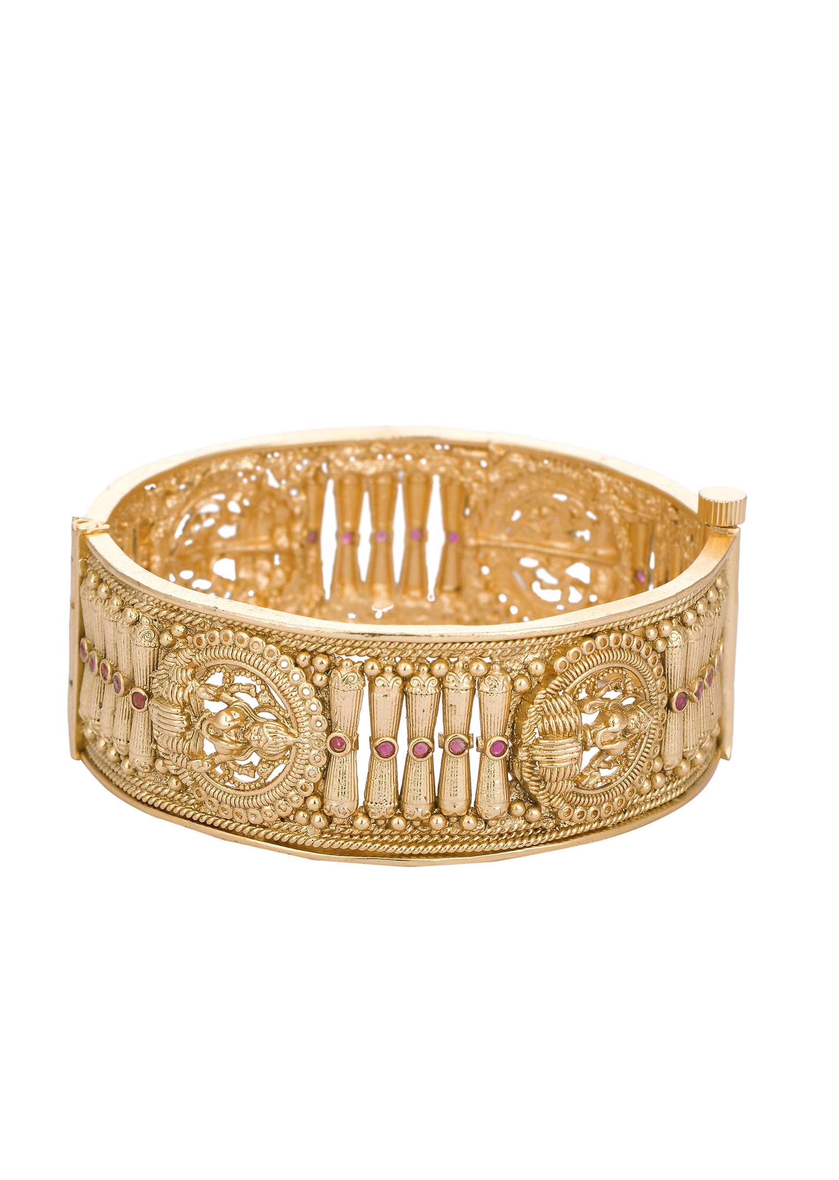 Gold Cutwork Temple Bangle With Kundan (Set of 2) - Image 2