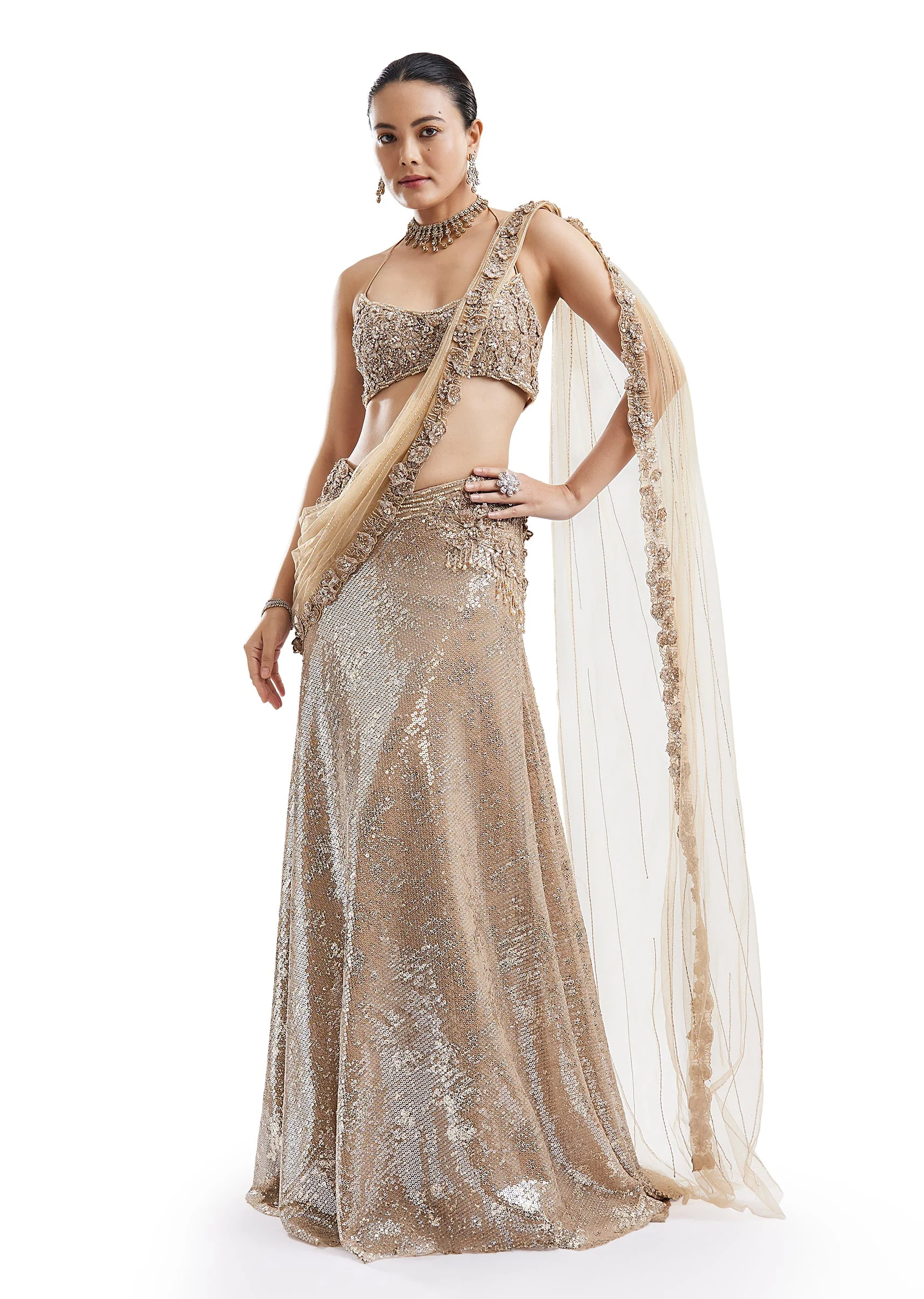 Gold Detachable Drape Saree Skirt Set - Image 4