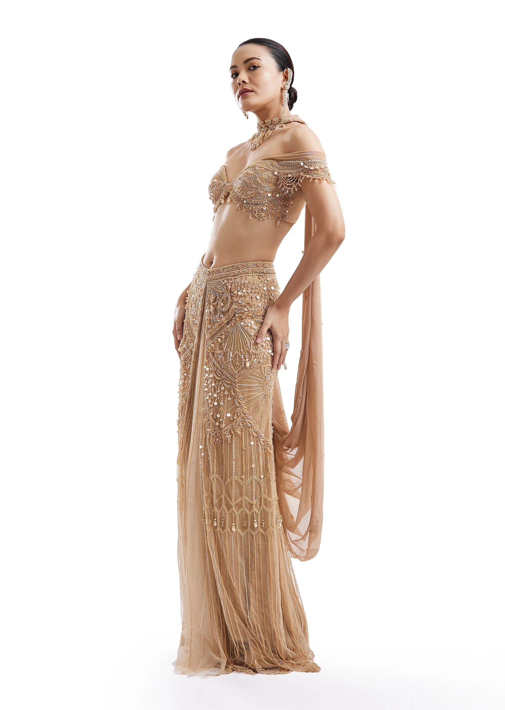 Gold Drape Skirt Set With Off-Shoulder Blouse - Image 4