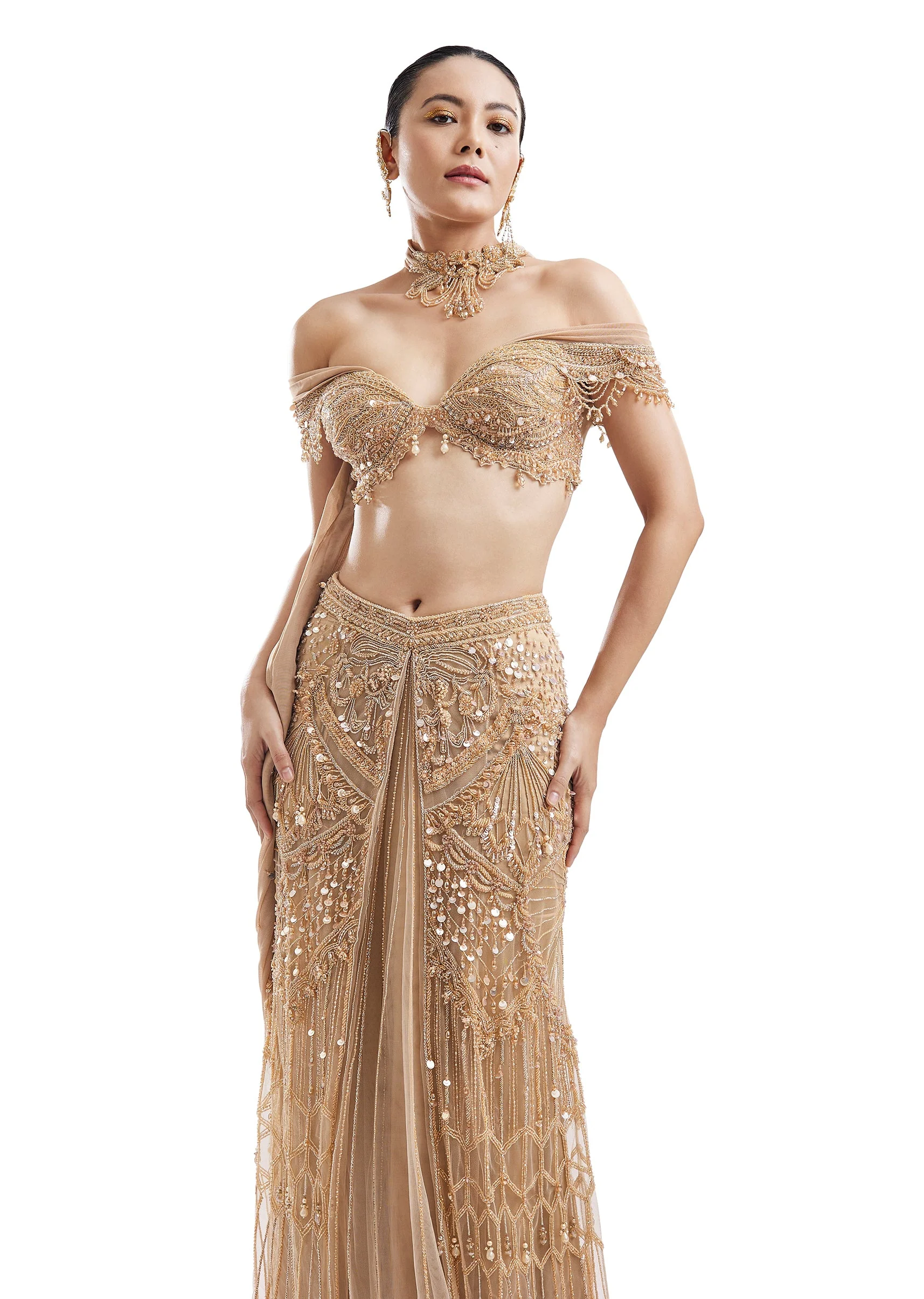 Gold Drape Skirt Set With Off-Shoulder Blouse - Image 5
