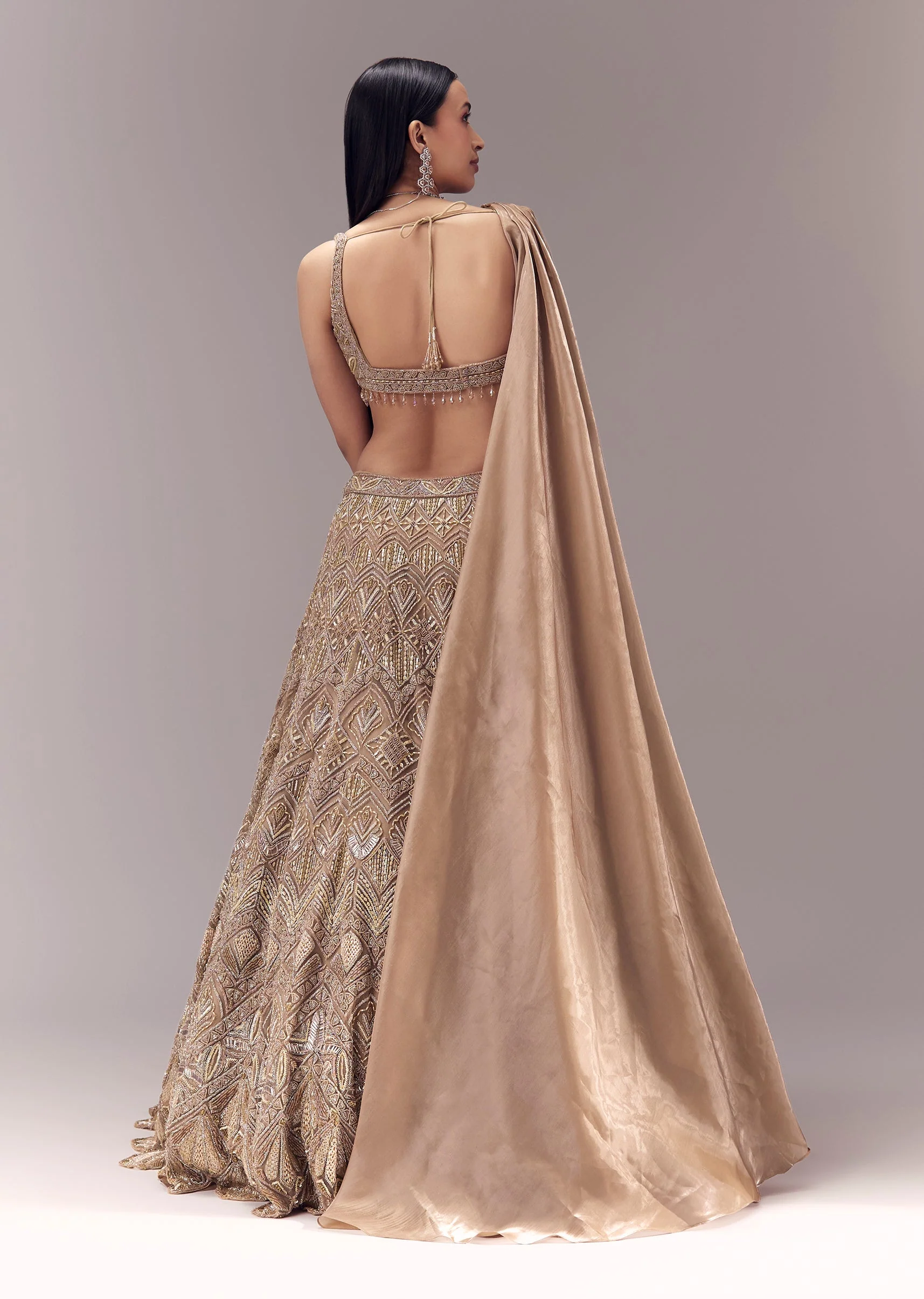 Gold Draped Blouse and Embellished Lehenga Set - Image 2