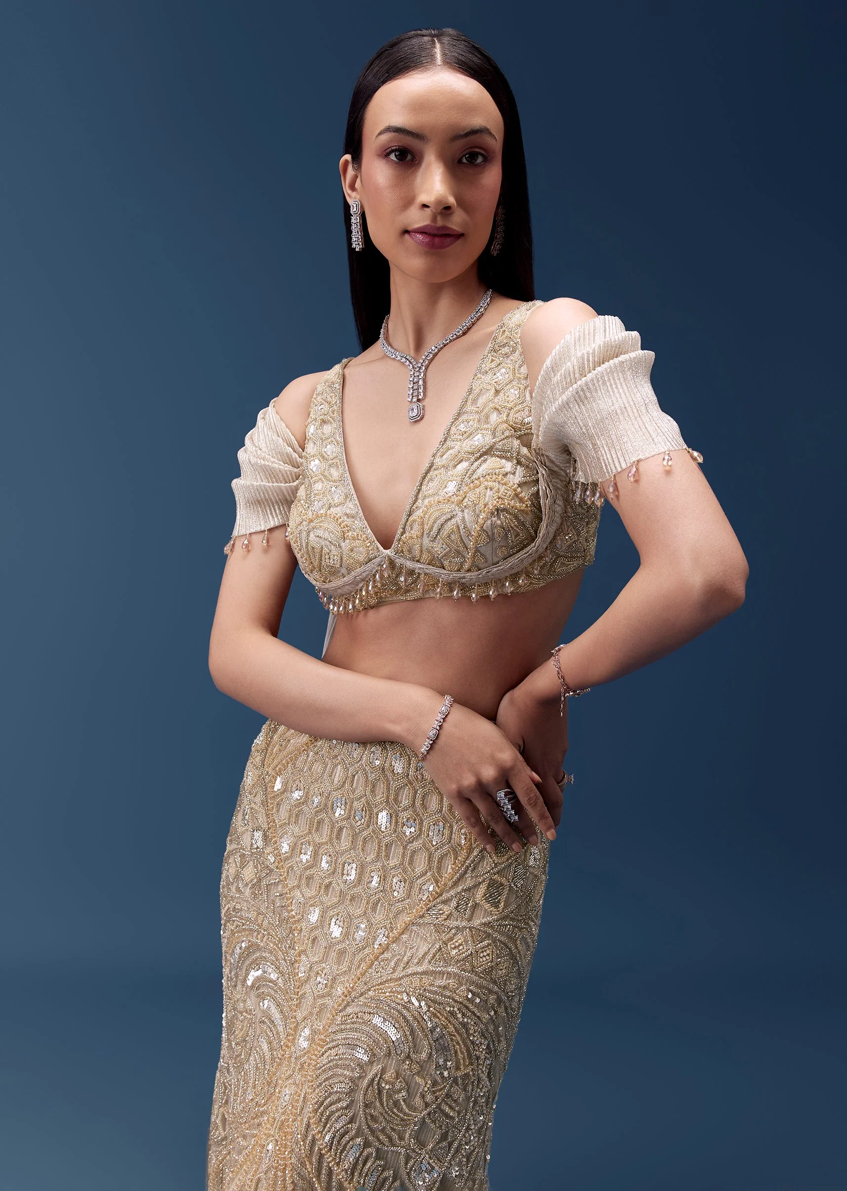 Gold Draped Blouse with Embellished Skirt - Image 6