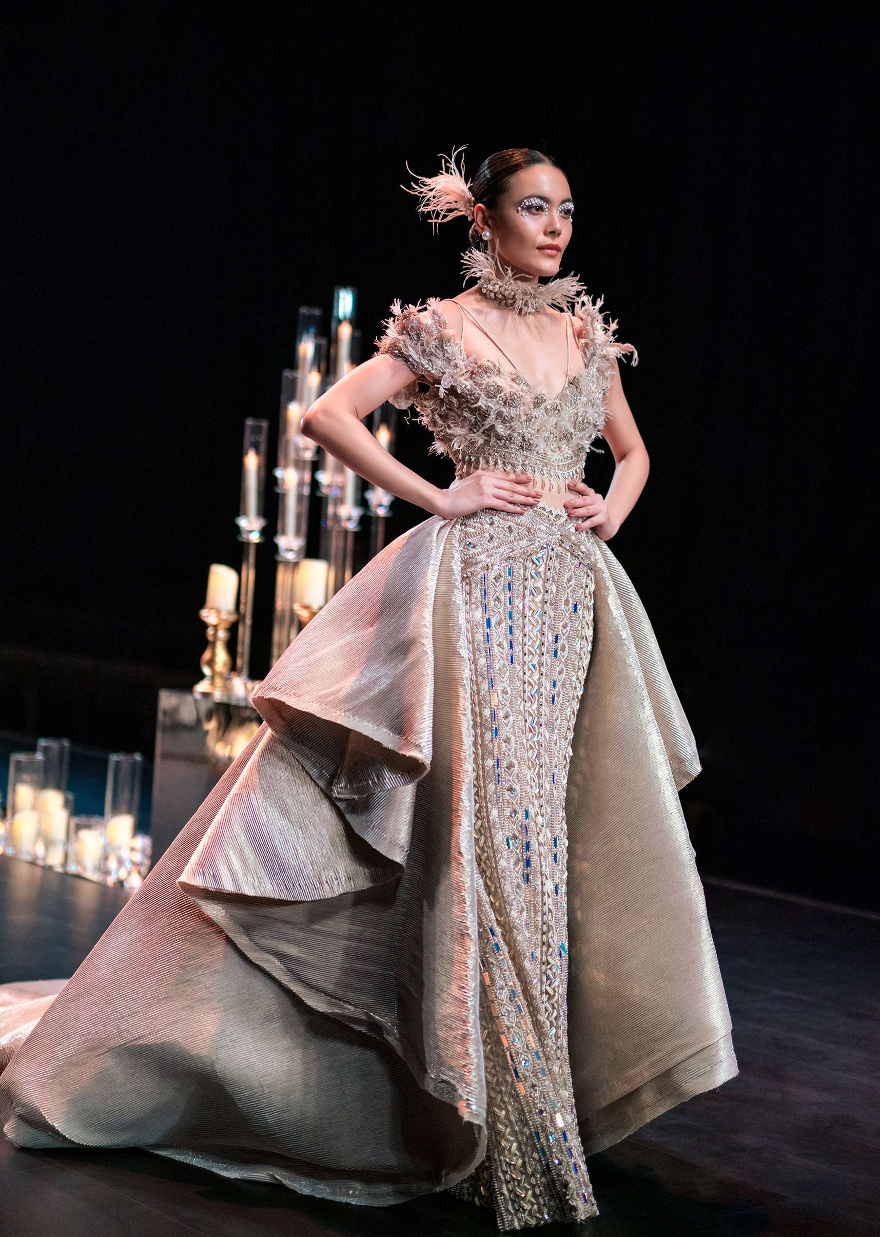 Gold Draped Gown With Trail Detail And Heavy Embroidery - Image 2