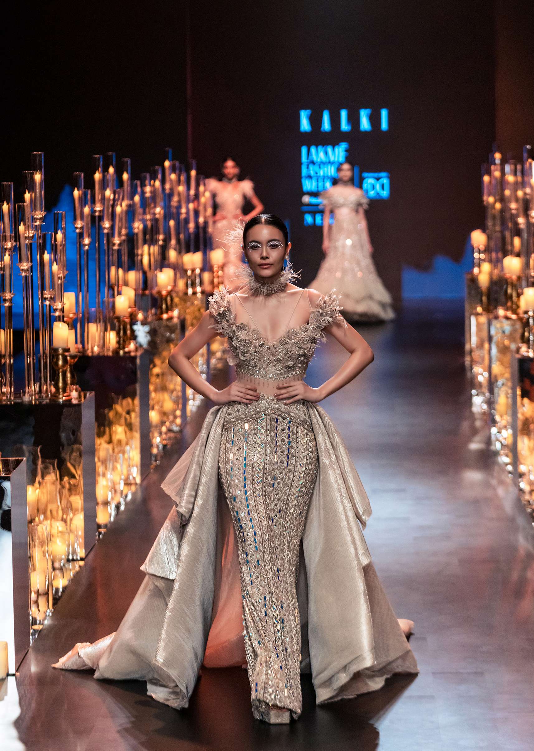 Gold Draped Gown With Trail Detail And Heavy Embroidery - Image 3