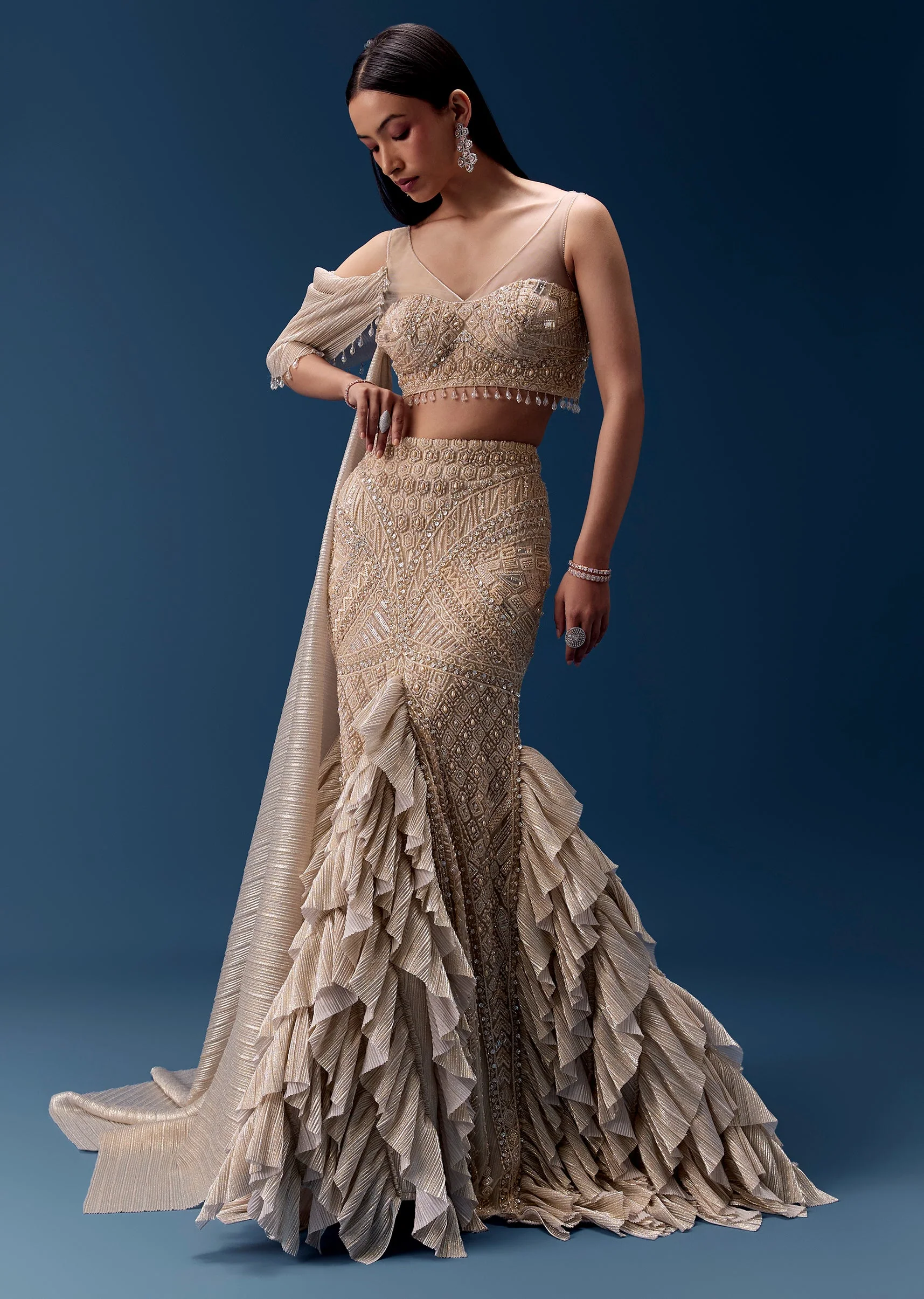 Gold Draped Lehenga with Embellished Blouse - Image 4