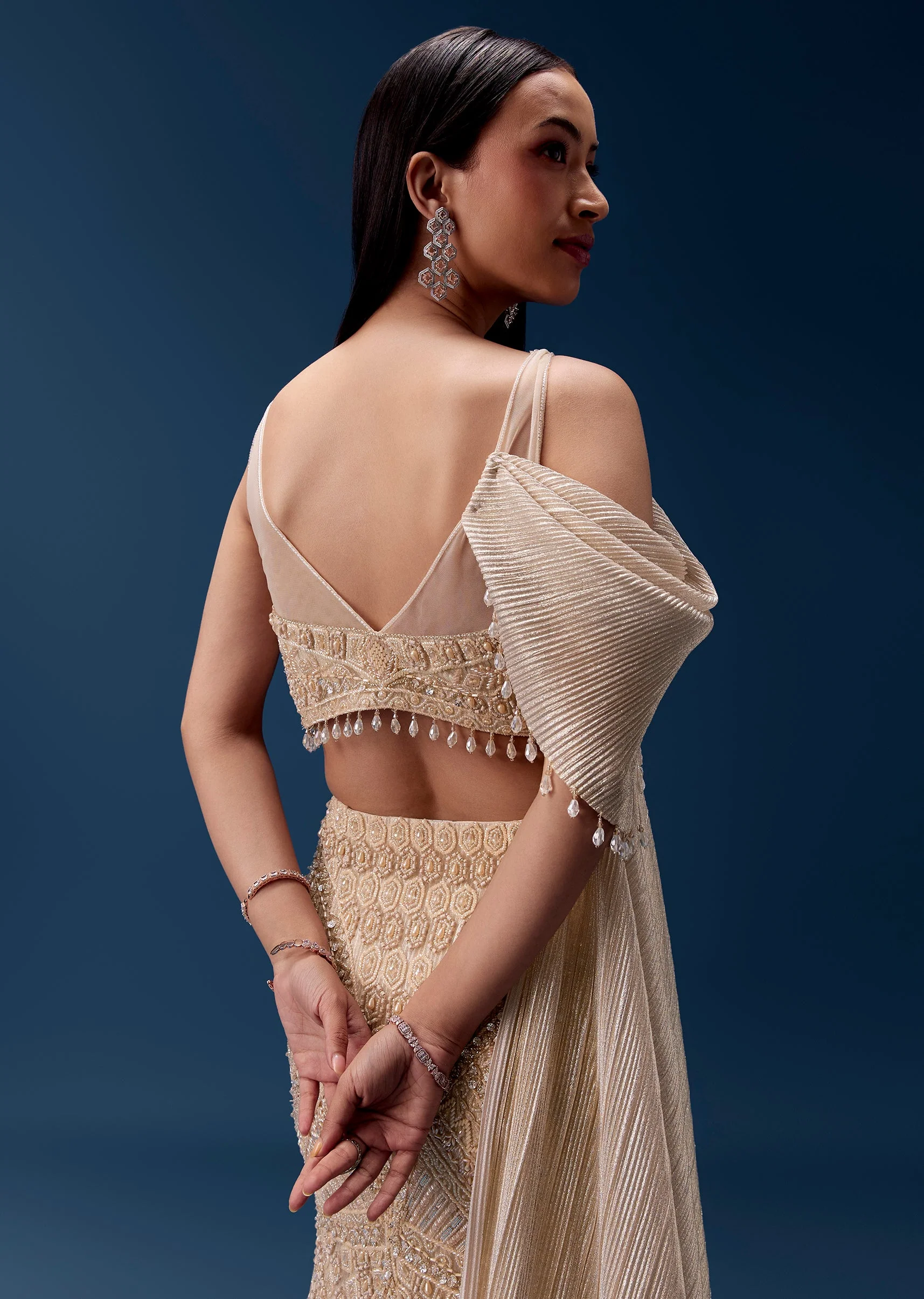 Gold Draped Lehenga with Embellished Blouse - Image 5