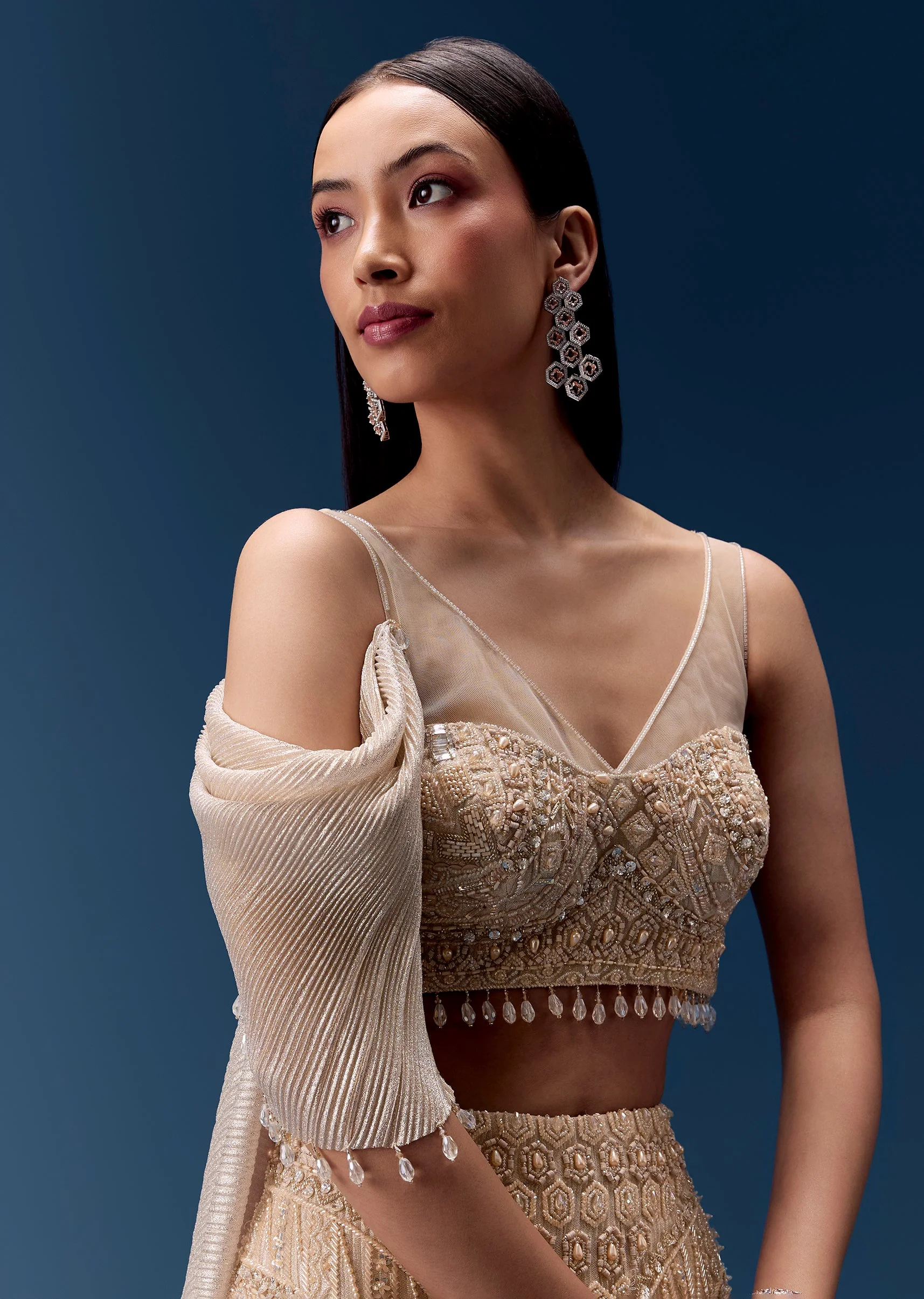 Gold Draped Lehenga with Embellished Blouse - Image 6
