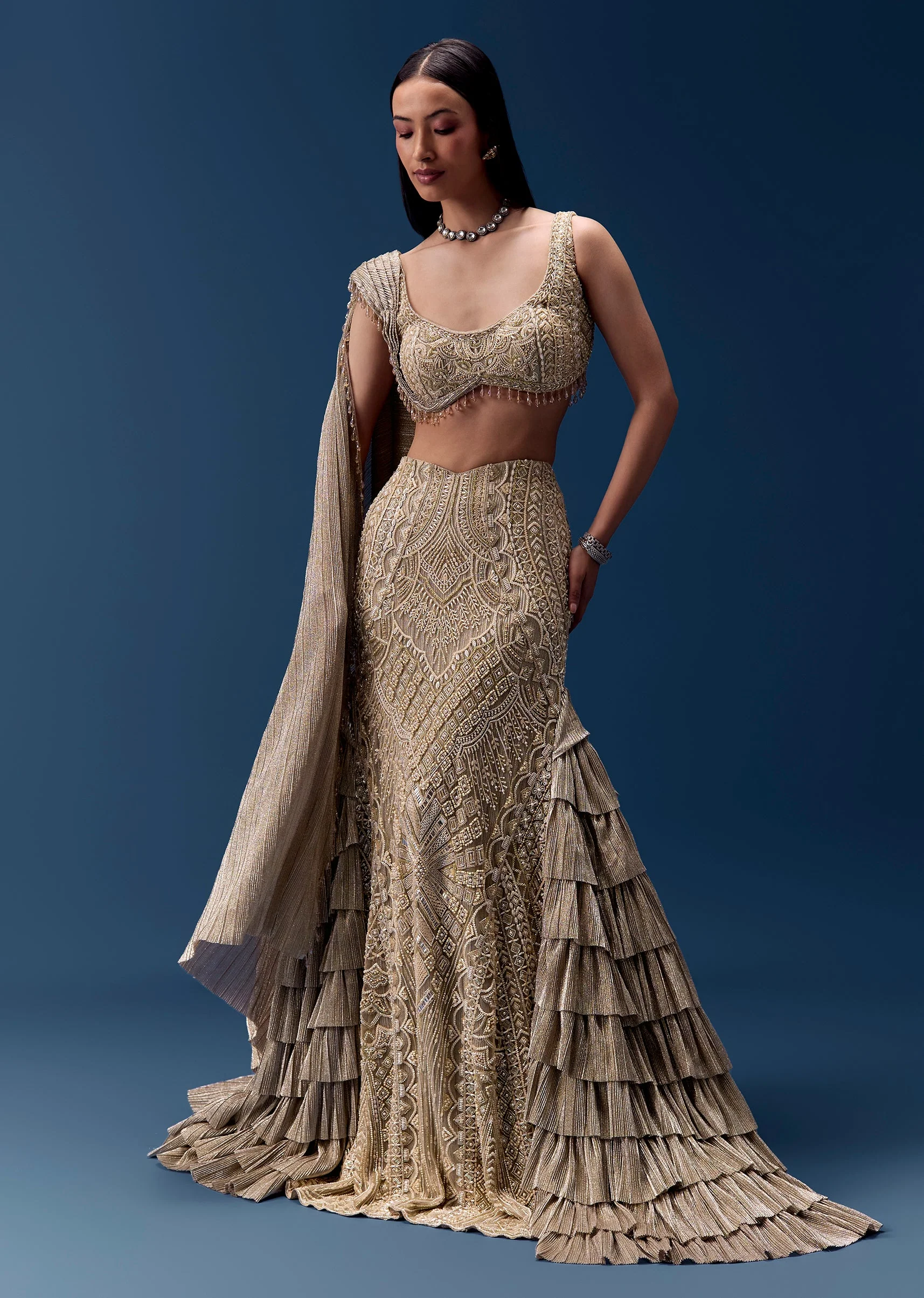 Gold Embellished Draped Blouse with Frill Skirt