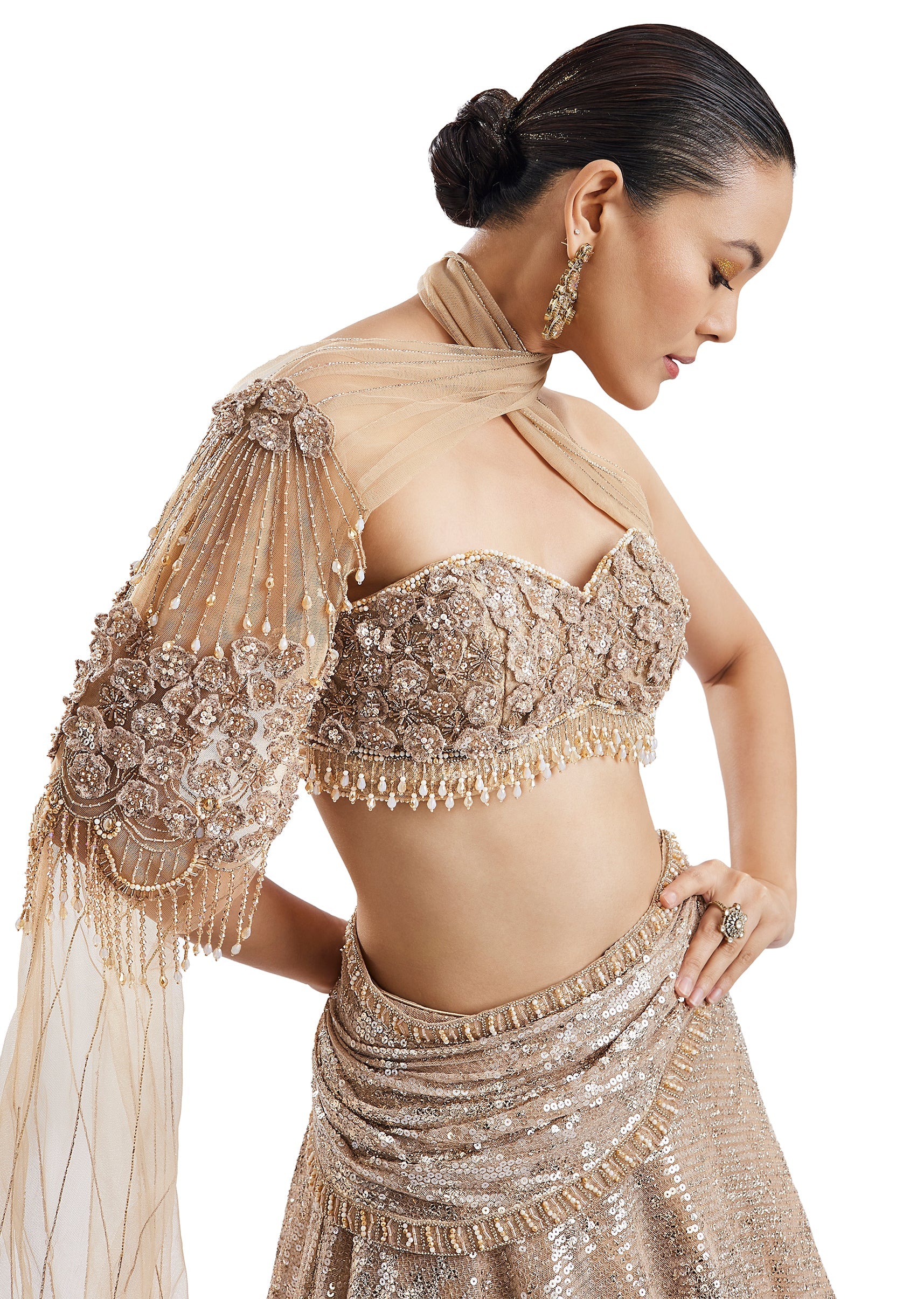 Gold Embroidered Lehenga With Attached Drape Cape - Image 3