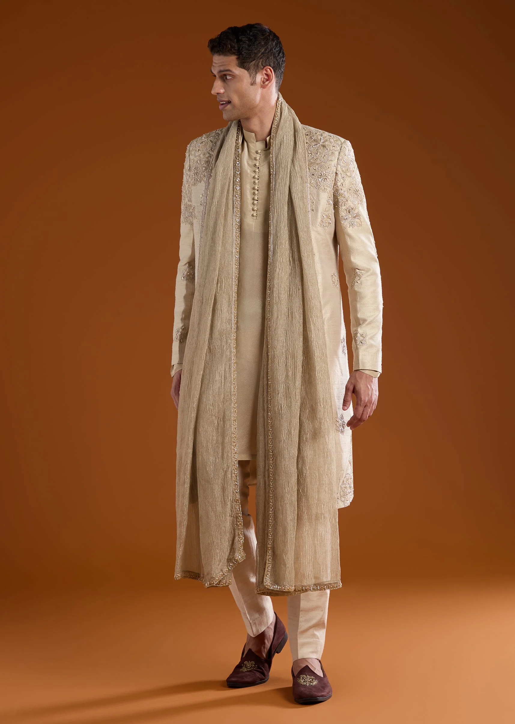 Gold Embroidered Silk Sherwani Kurta Set - Image 3