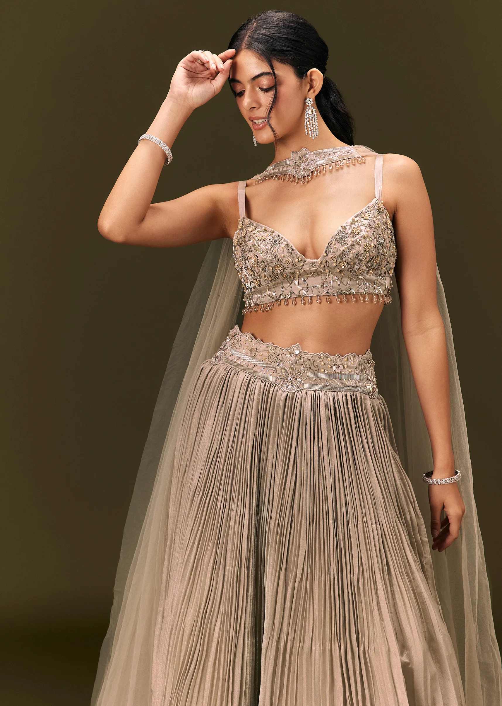 Gold Embroidered Sweetheart Neck Blouse With Lehenga And Choker Dupatta