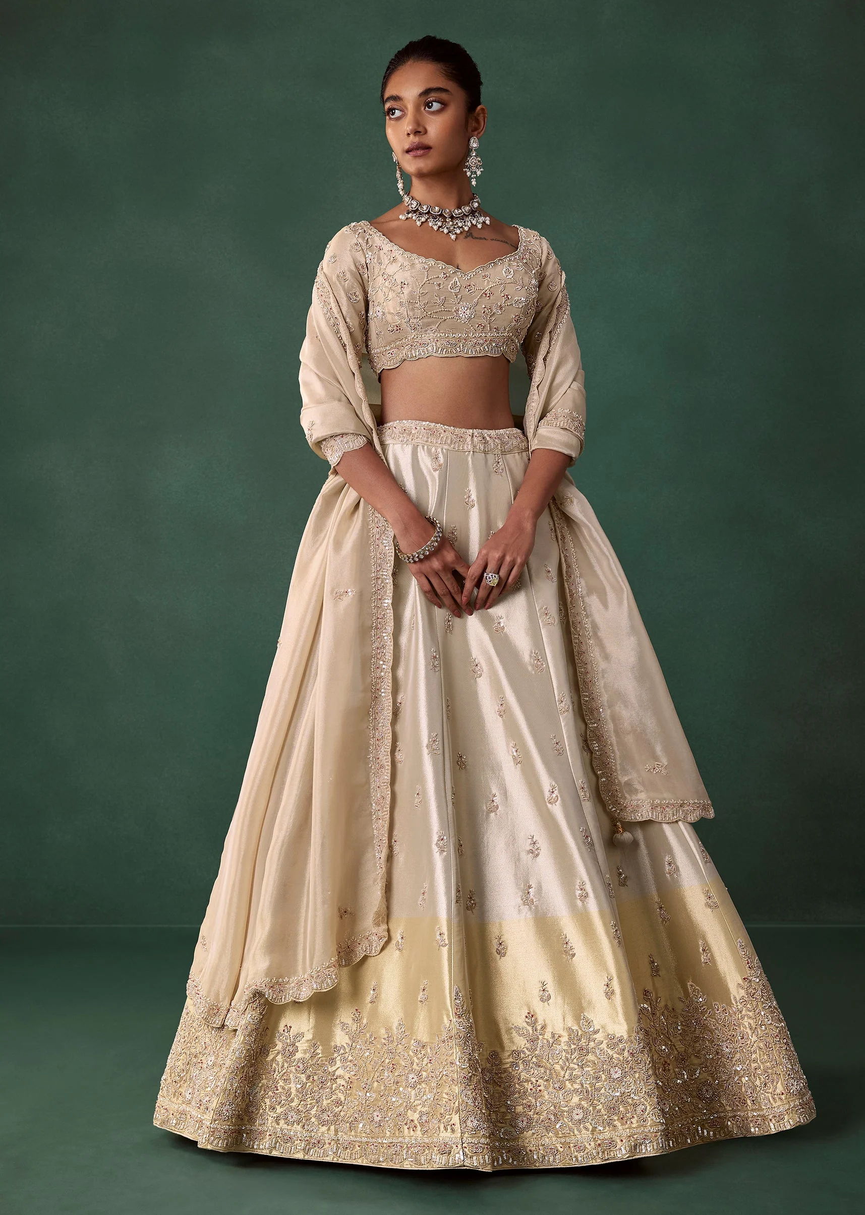 Gold Embroidered Tissue Shaded Bridal Lehenga Set with Cutdana