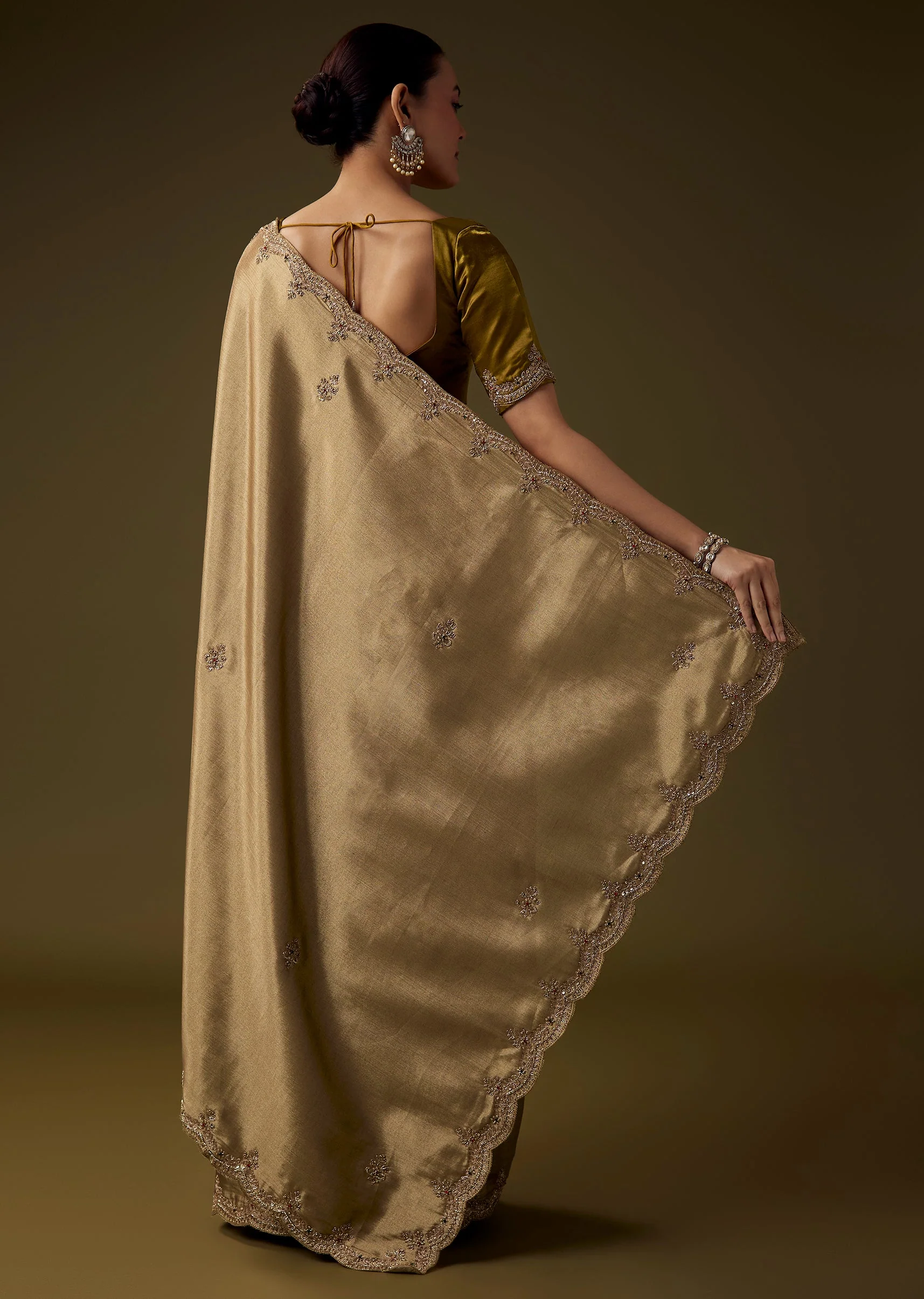 Gold Embroidered Tissue Silk Saree with Unstitched Blouse - Image 4