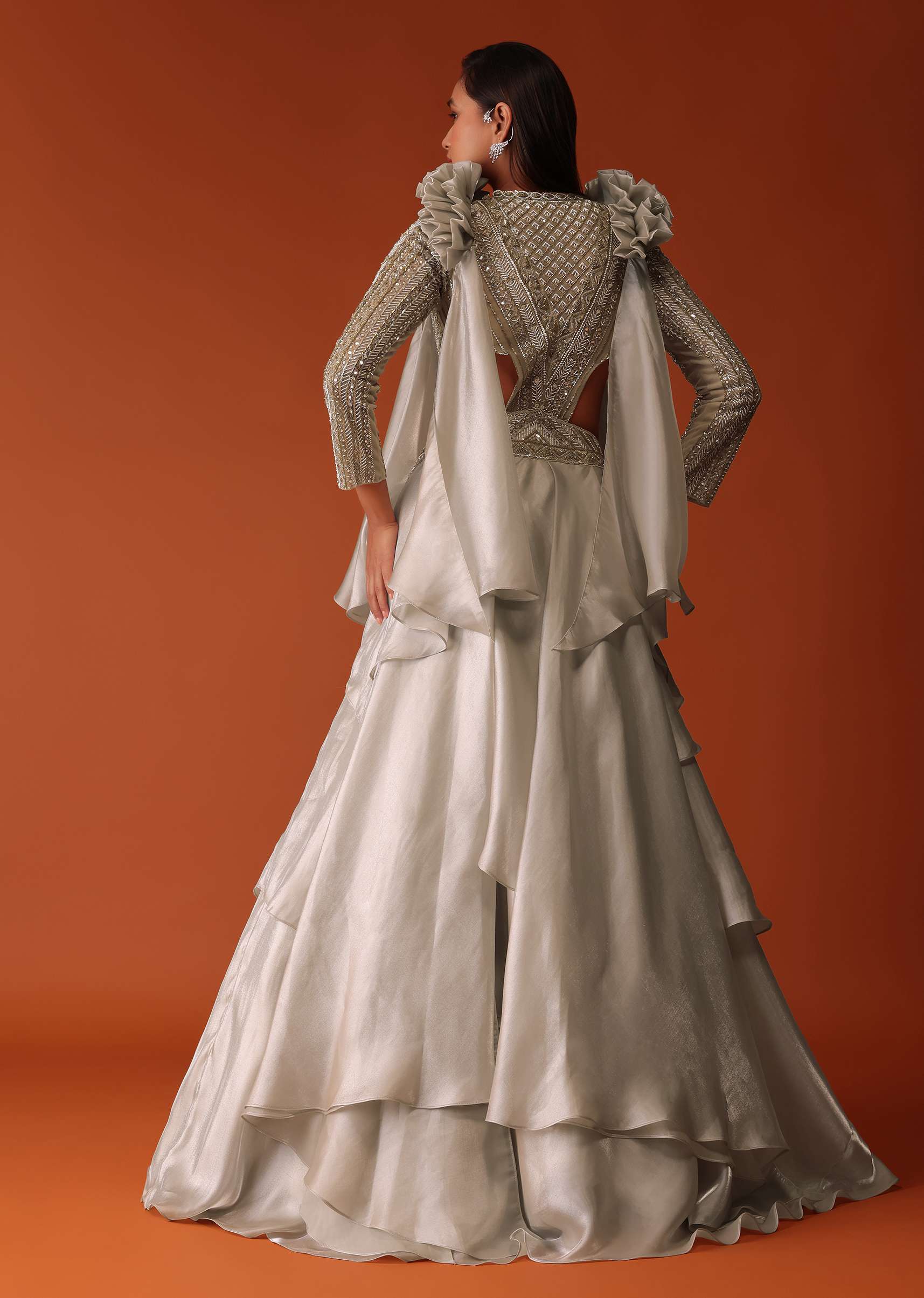 Gold Embroidered Western Bridal Gown In Organza With Shoulder Wings - Image 4